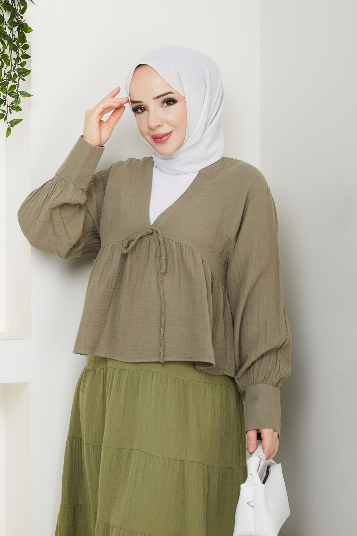 İP DETAY BLUZ ETEK KOMBİN-HAKİ