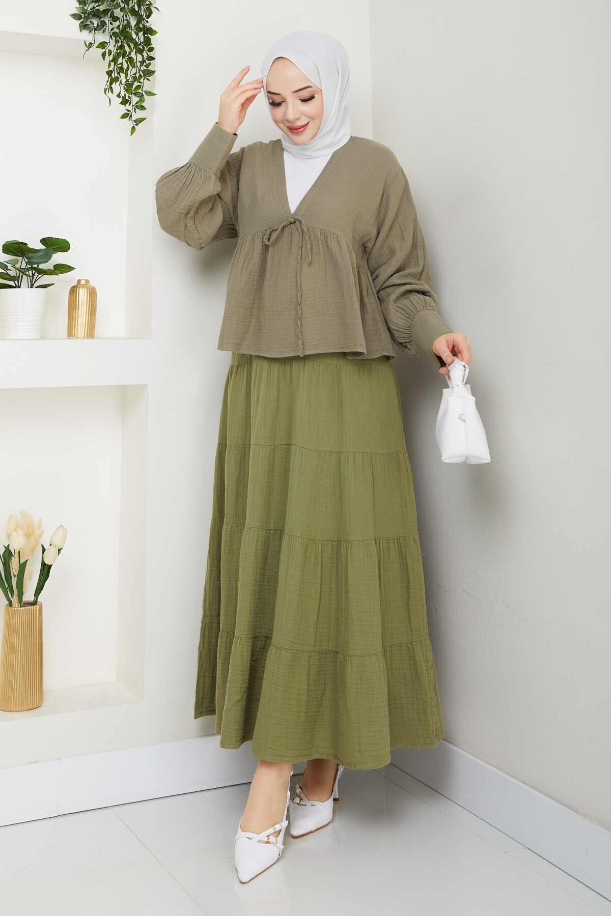 İP DETAY BLUZ ETEK KOMBİN-HAKİ