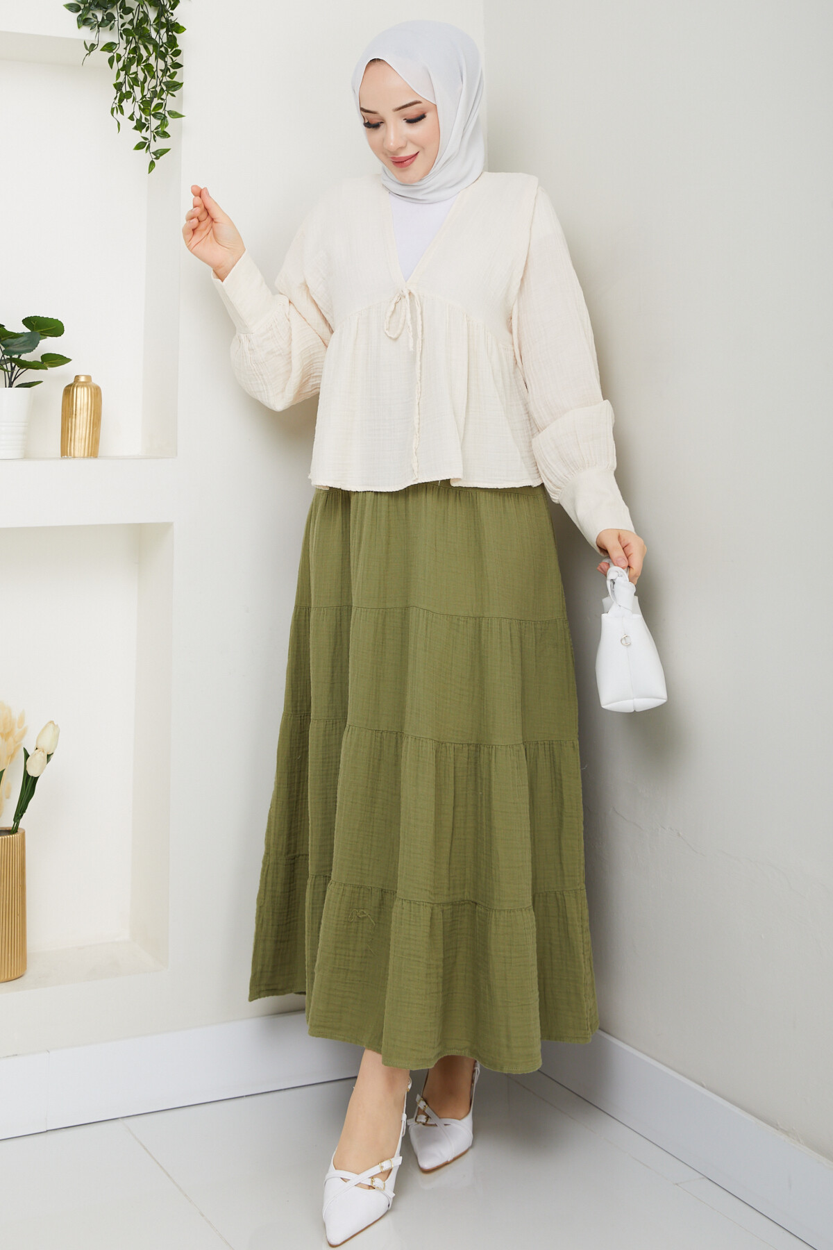 İP DETAY BLUZ ETEK KOMBİN-TAŞ RENGİ