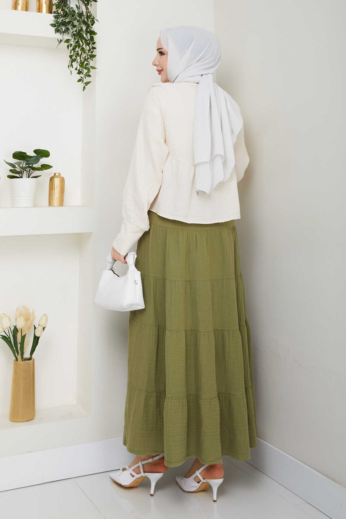 İP DETAY BLUZ ETEK KOMBİN-TAŞ RENGİ