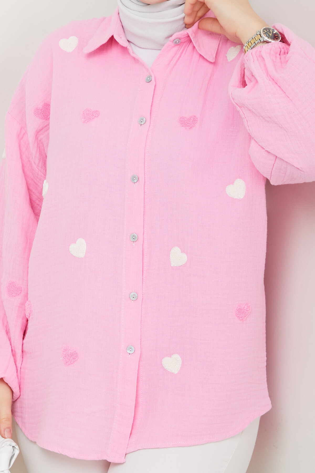 KALP NAKIŞLI GÖMLEK-TOZ PEMBE