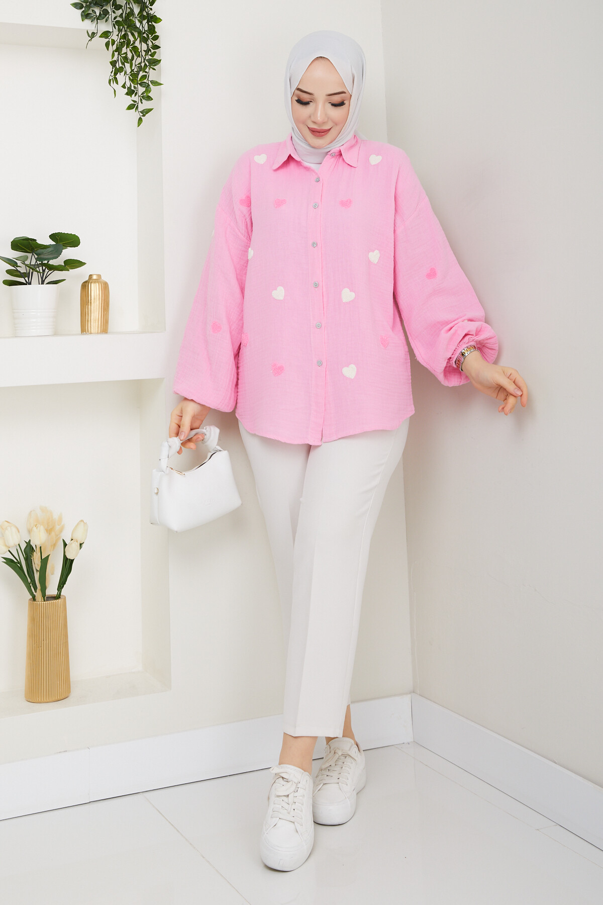 KALP NAKIŞLI GÖMLEK-TOZ PEMBE