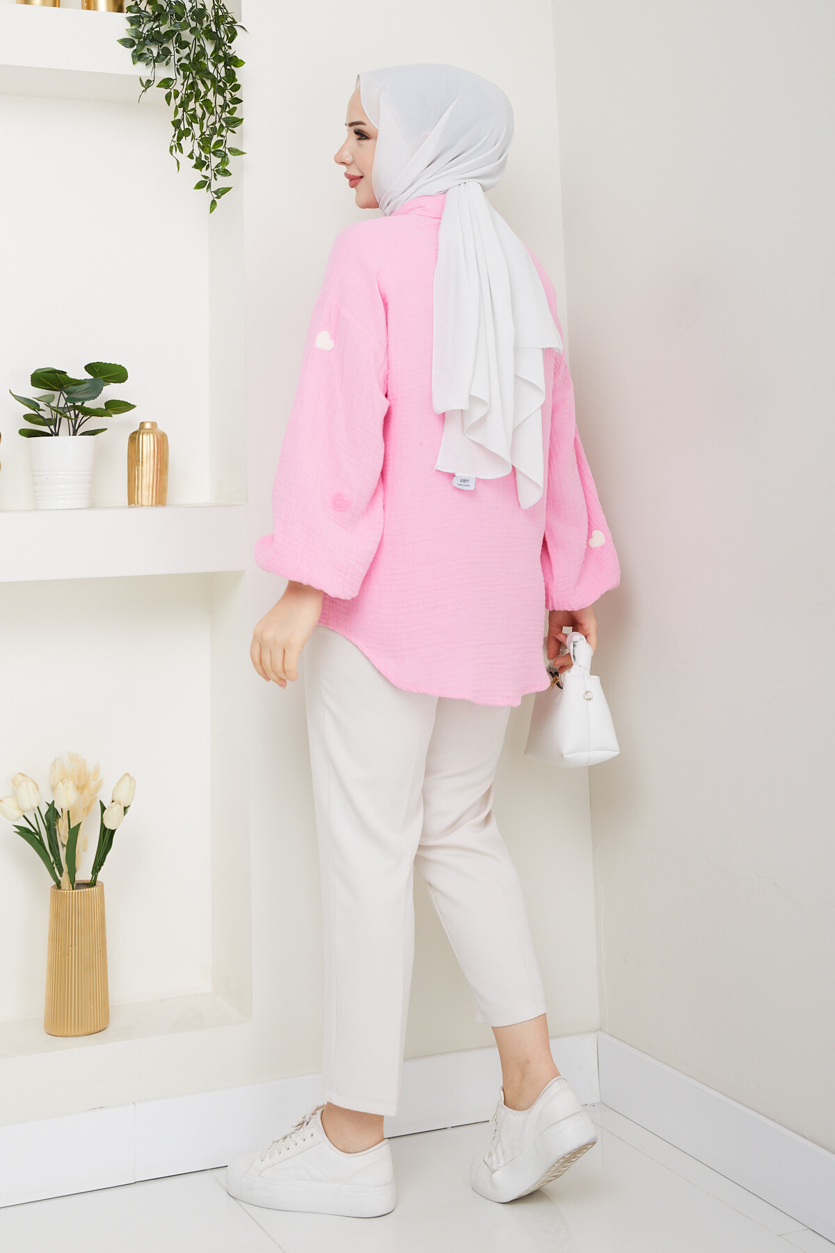 KALP NAKIŞLI GÖMLEK-TOZ PEMBE