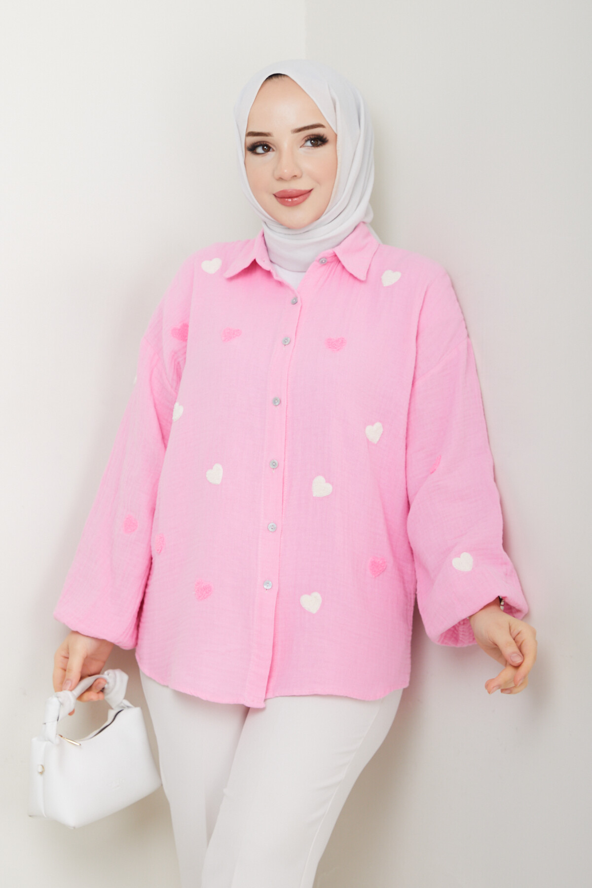 KALP NAKIŞLI GÖMLEK-TOZ PEMBE