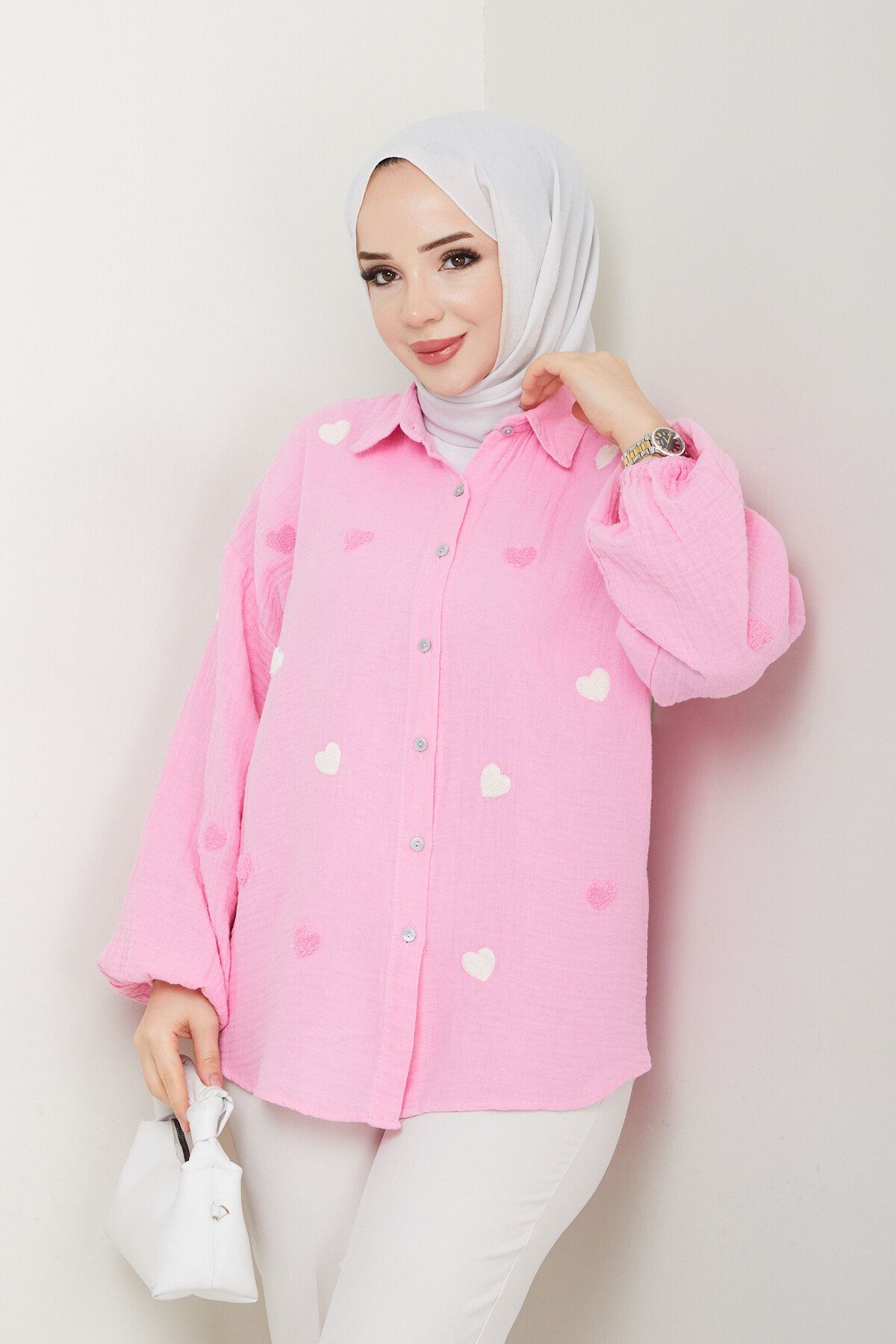 KALP NAKIŞLI GÖMLEK-TOZ PEMBE