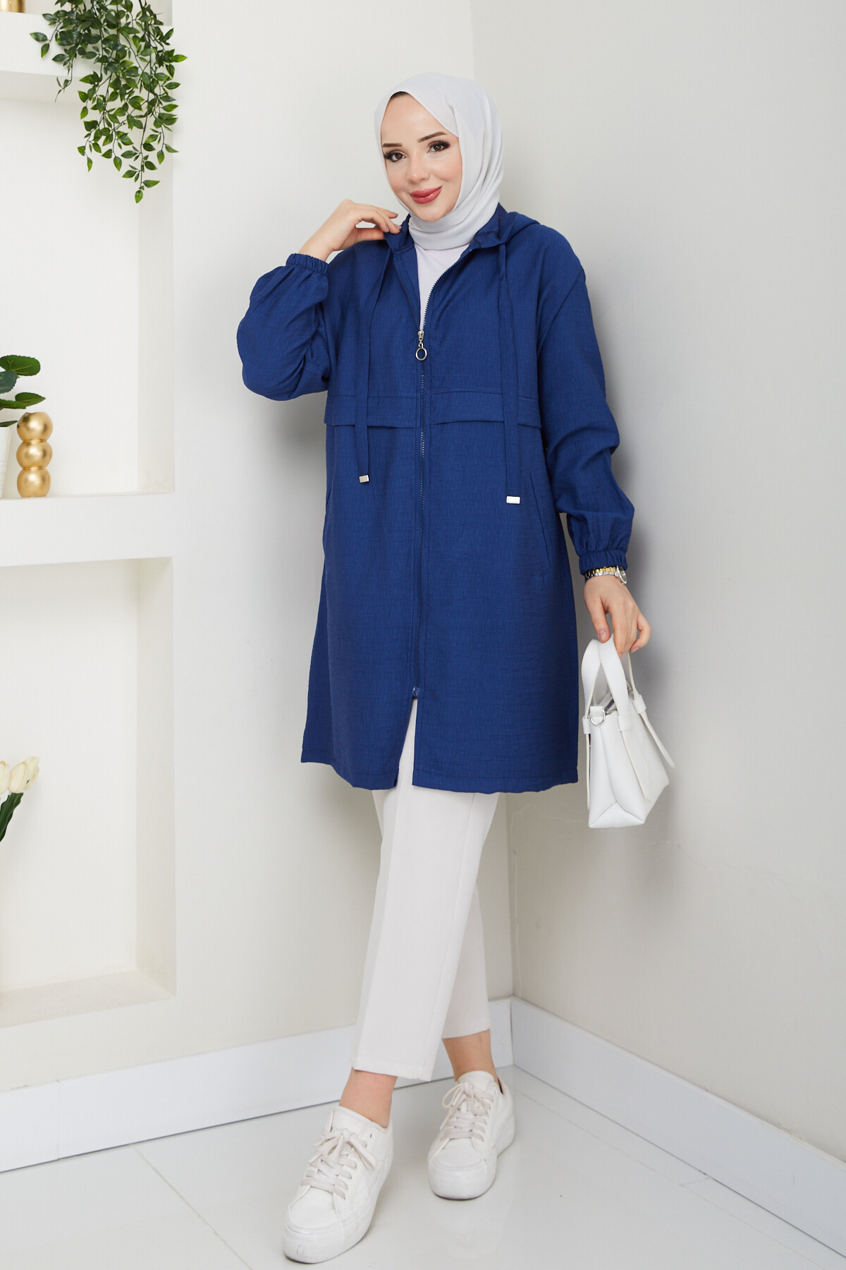 KAPŞONLU FERMUARLI KAP-SAKS MAVİ