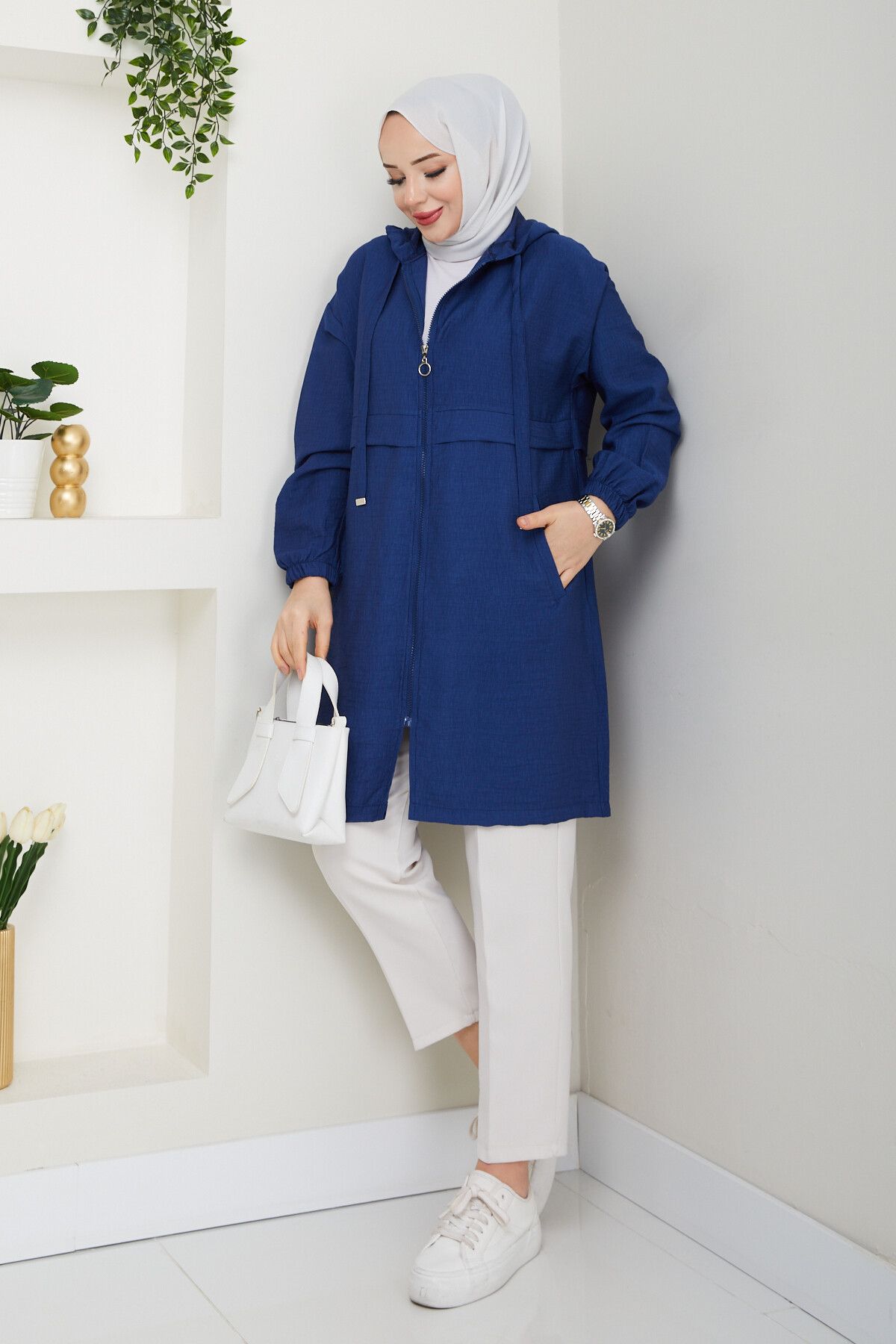KAPŞONLU FERMUARLI KAP-SAKS MAVİ
