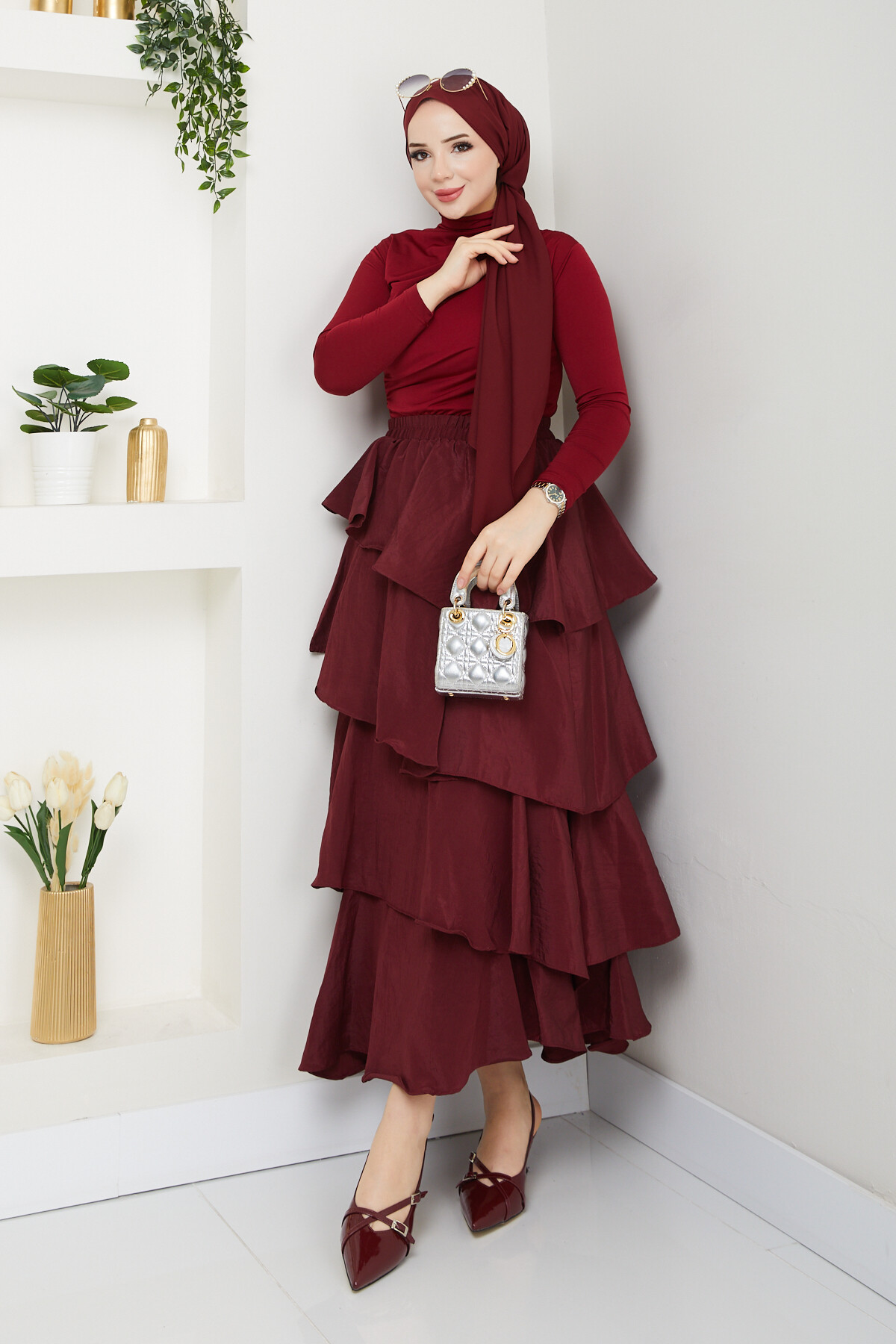 KAT KAT ETEK BÜZGÜLÜ BLUZ KOMBİN-BORDO