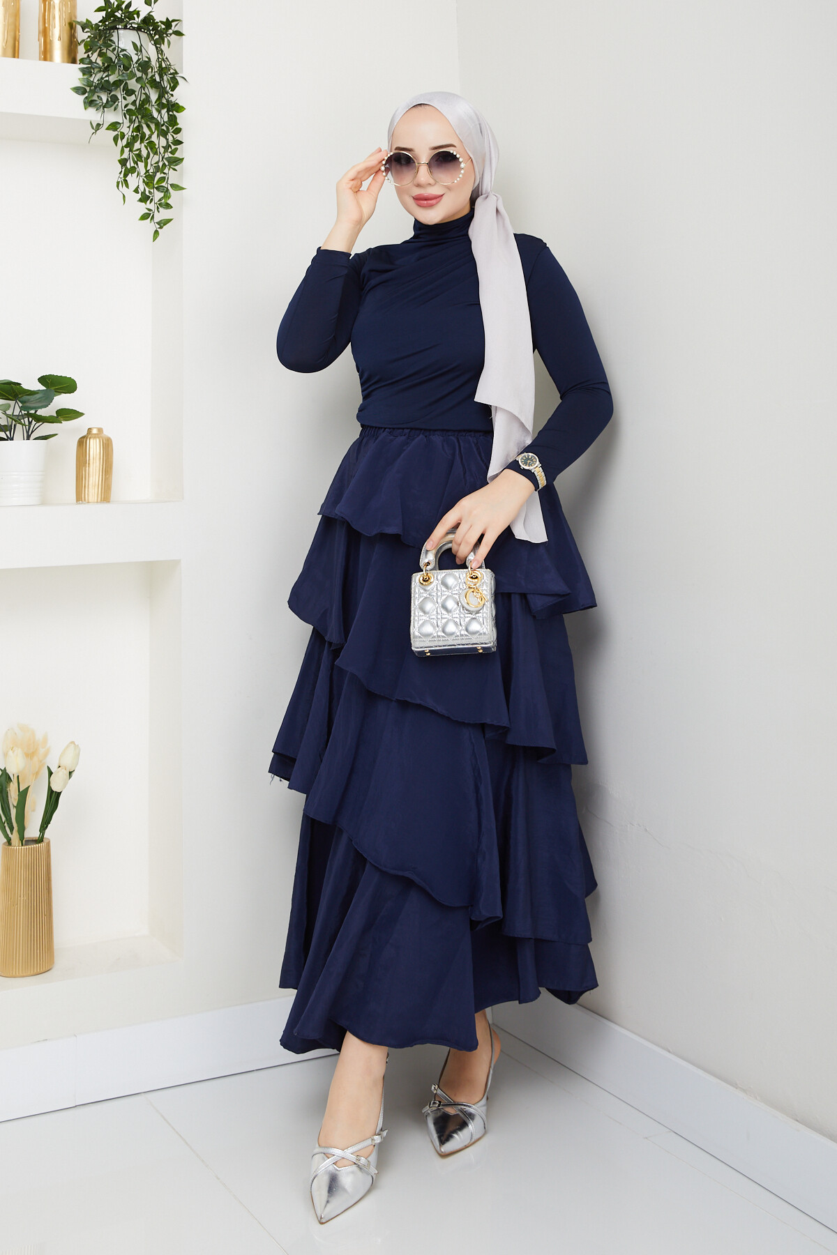 KAT KAT ETEK BÜZGÜLÜ BLUZ KOMBİN-LACİVERT