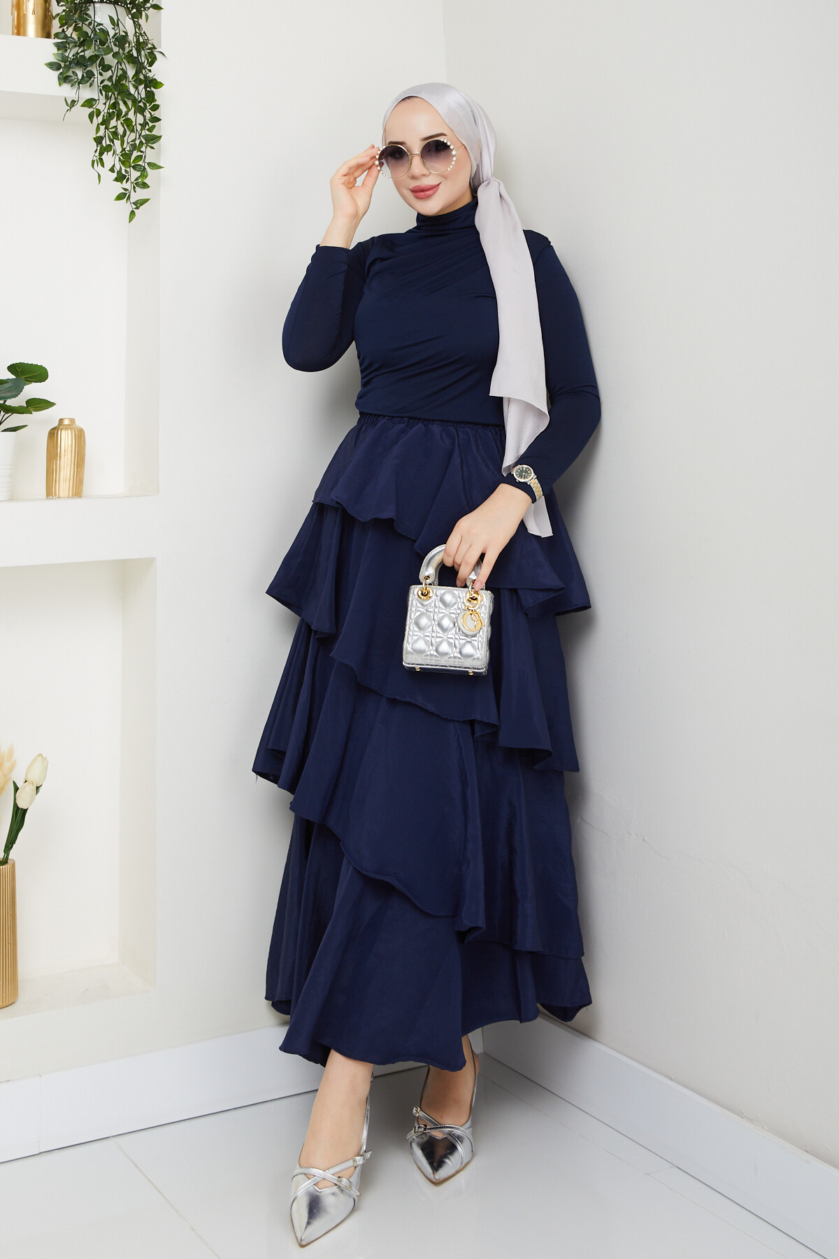 KAT KAT ETEK BÜZGÜLÜ BLUZ KOMBİN-LACİVERT