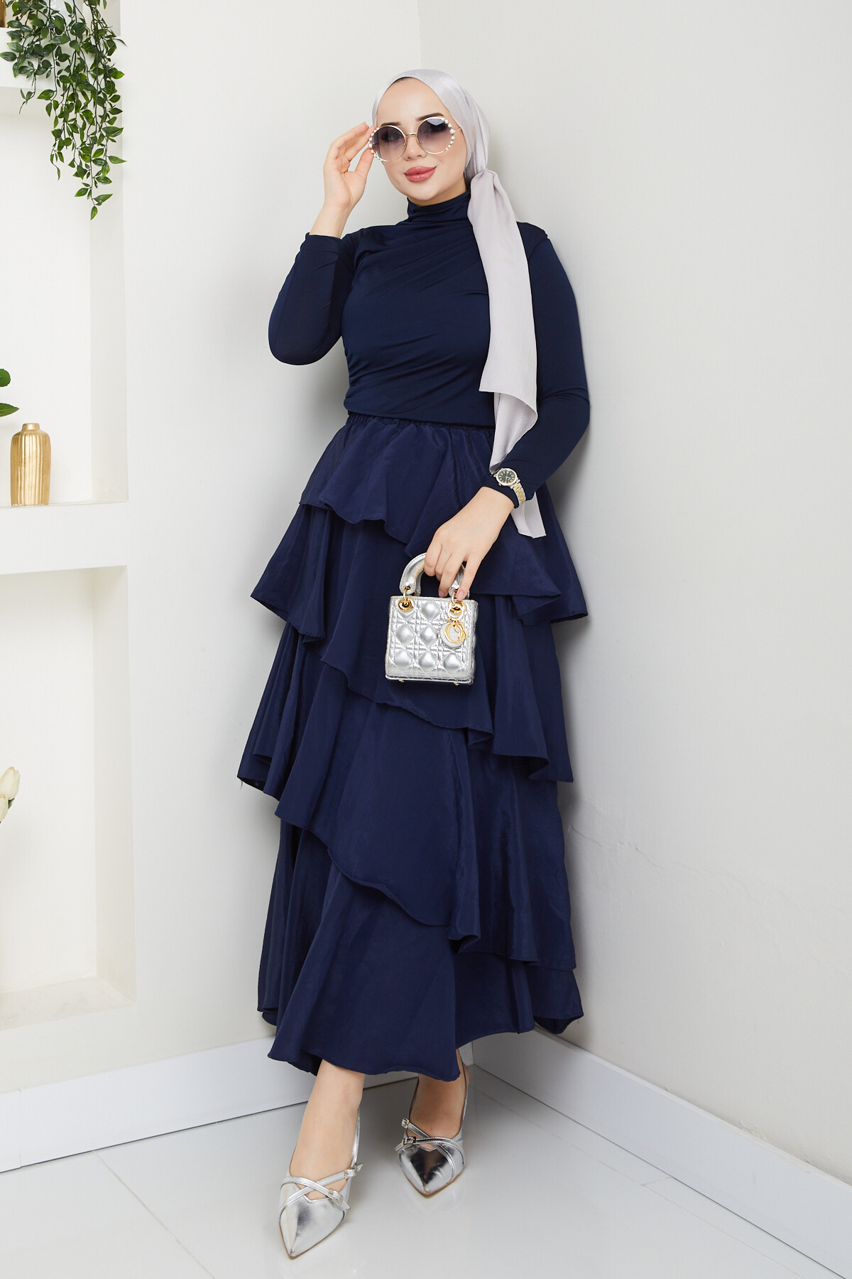 KAT KAT ETEK BÜZGÜLÜ BLUZ KOMBİN-LACİVERT