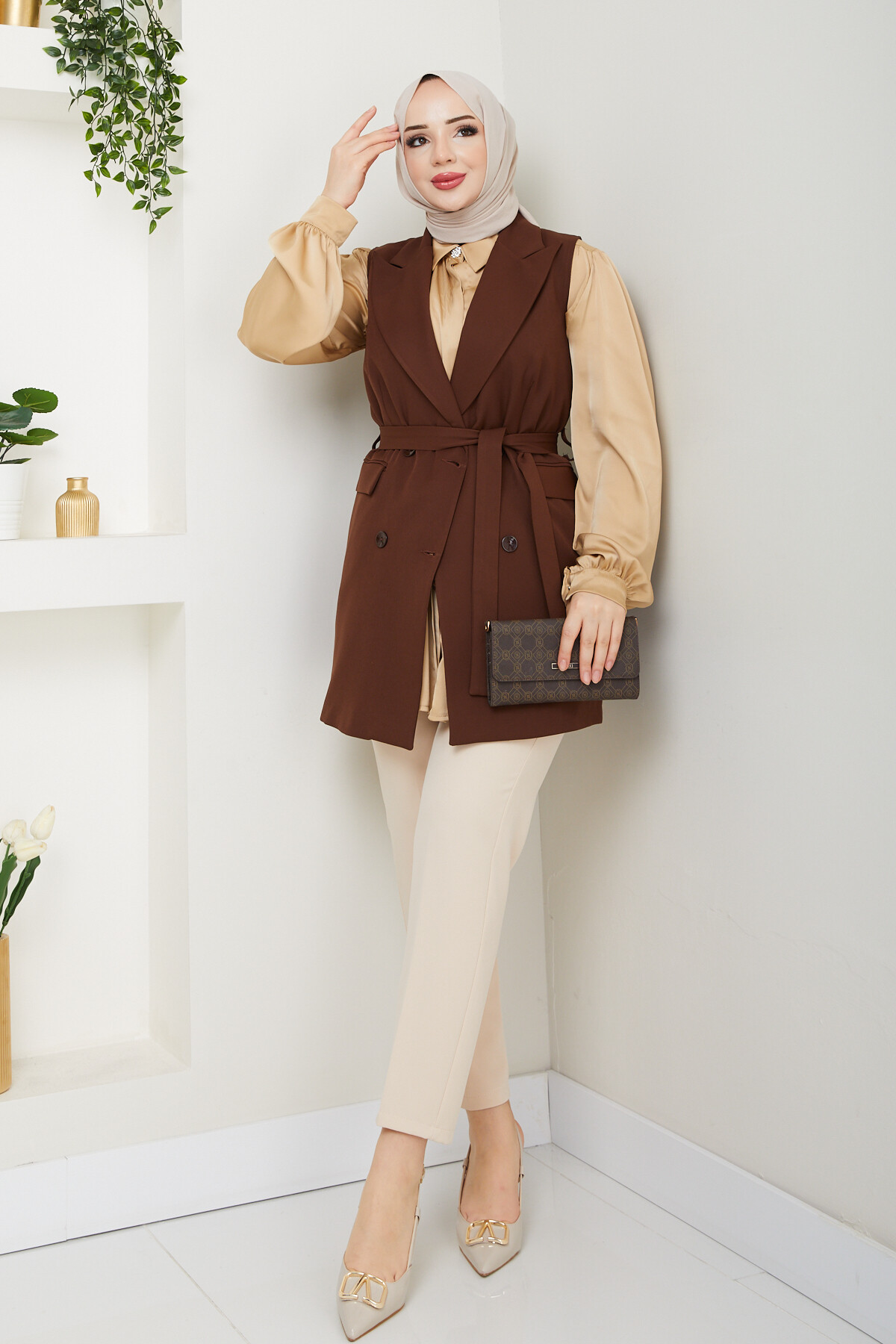 KEMERLİ DUBLE YELEK - ACI KAHVE