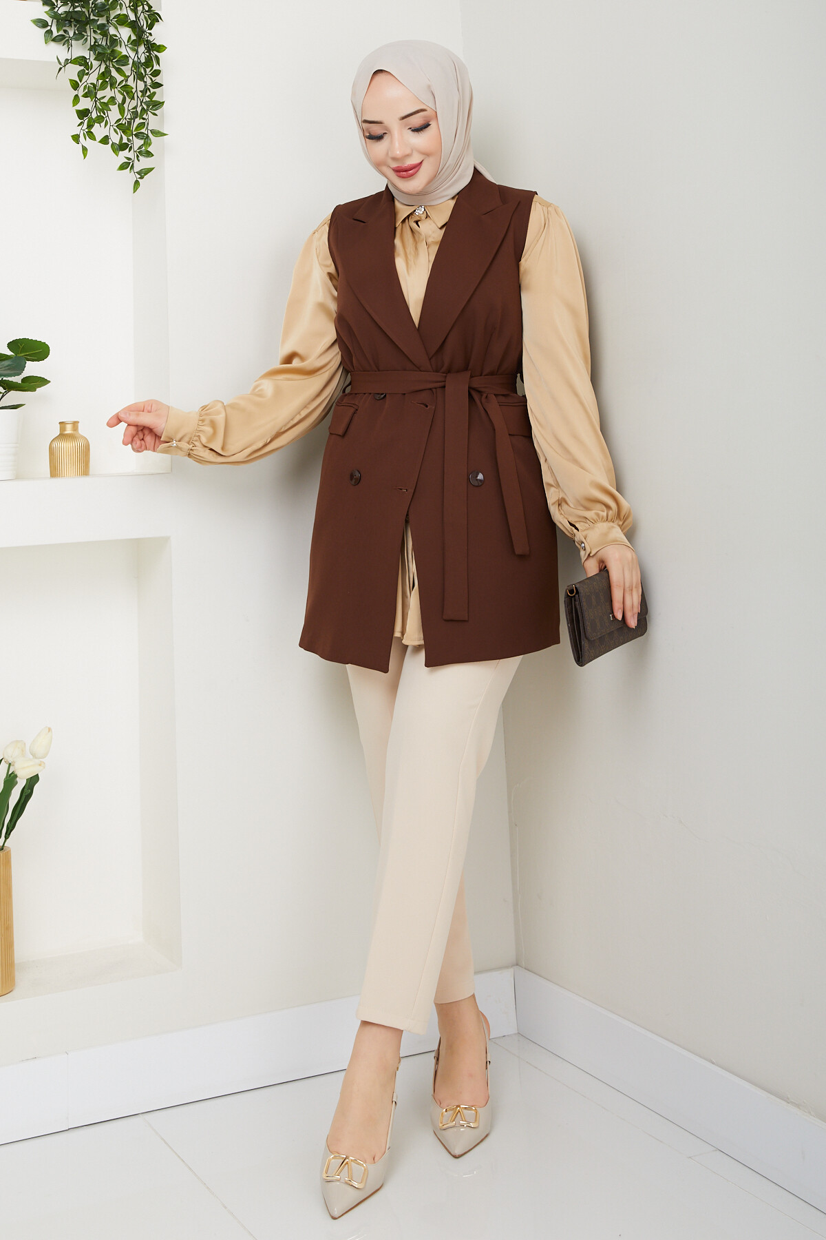 KEMERLİ DUBLE YELEK - ACI KAHVE