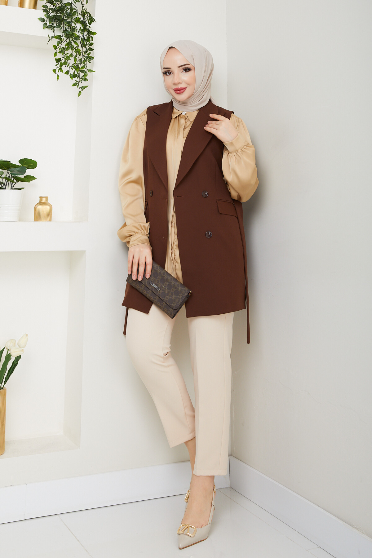 KEMERLİ DUBLE YELEK - ACI KAHVE