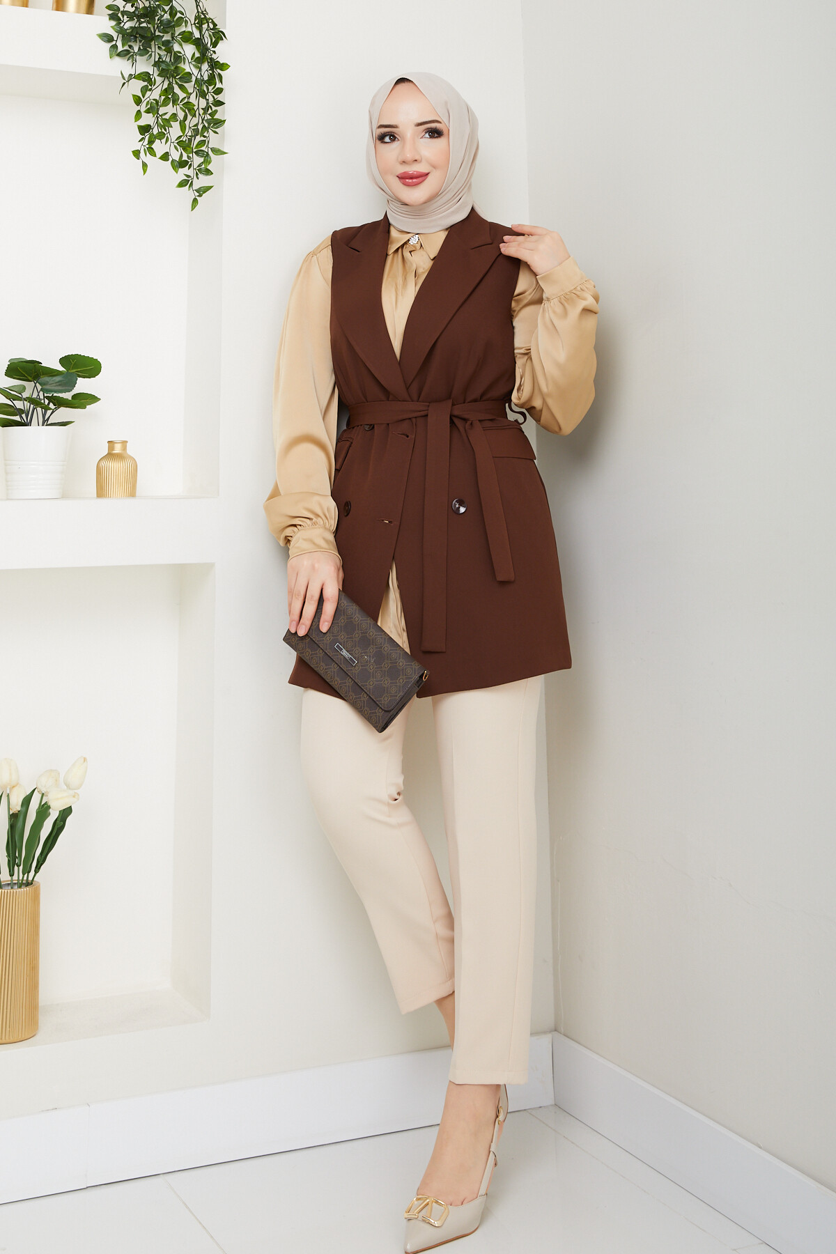 KEMERLİ DUBLE YELEK - ACI KAHVE