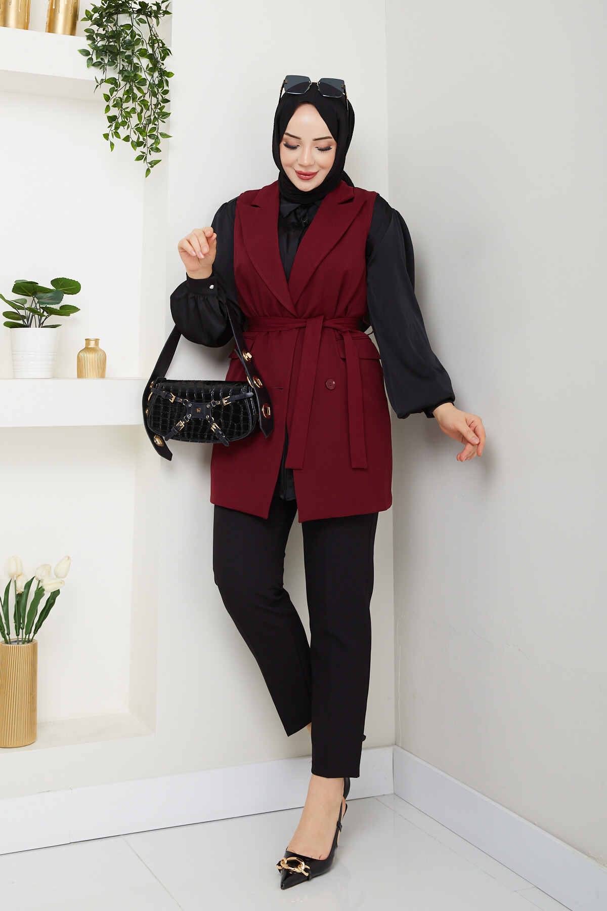 KEMERLİ DUBLE YELEK - BORDO