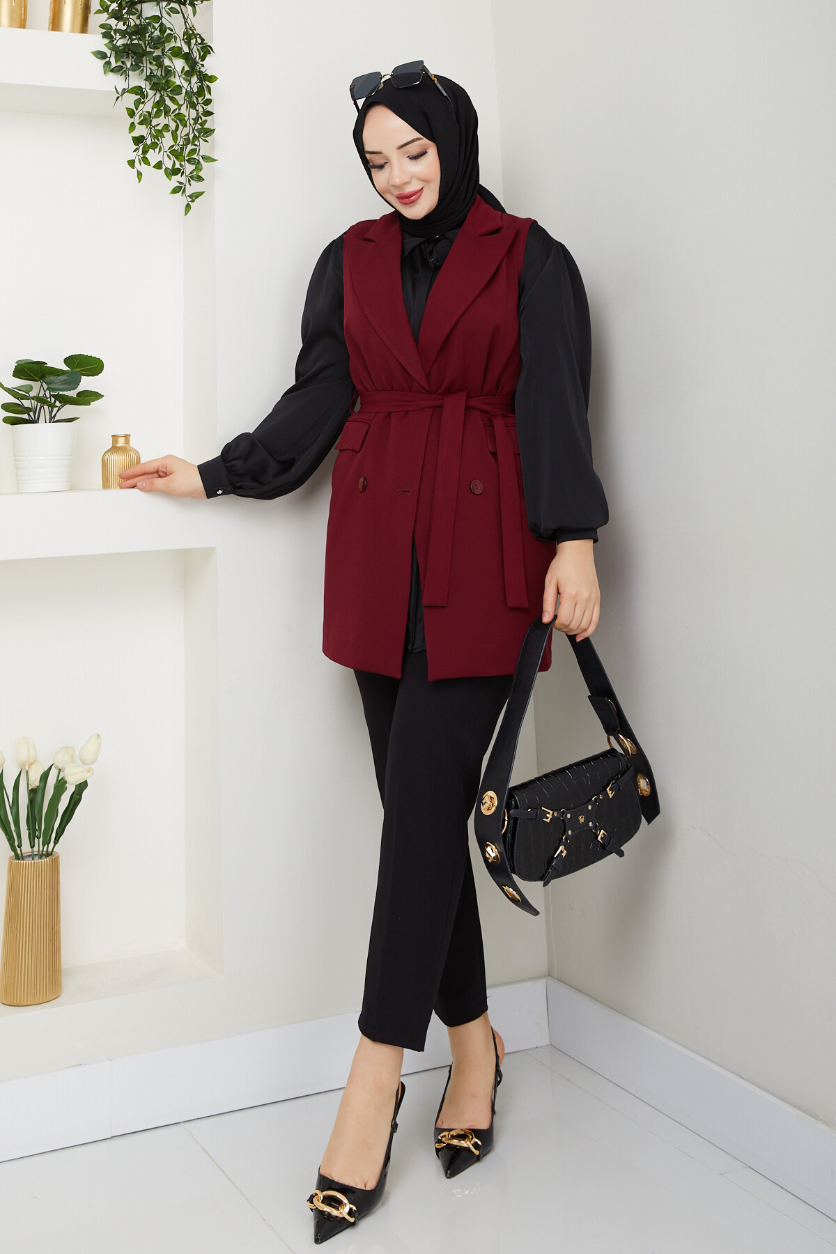 KEMERLİ DUBLE YELEK - BORDO