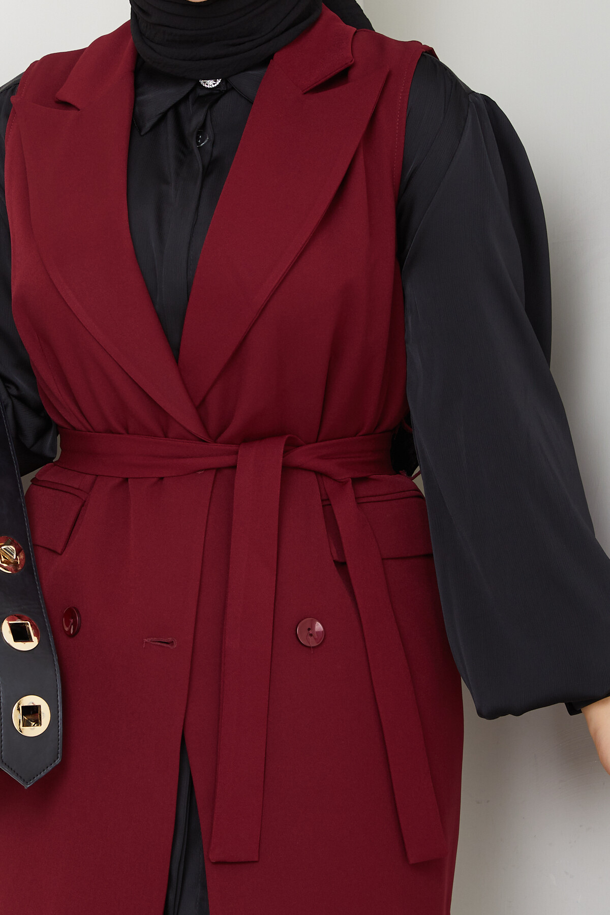 KEMERLİ DUBLE YELEK - BORDO