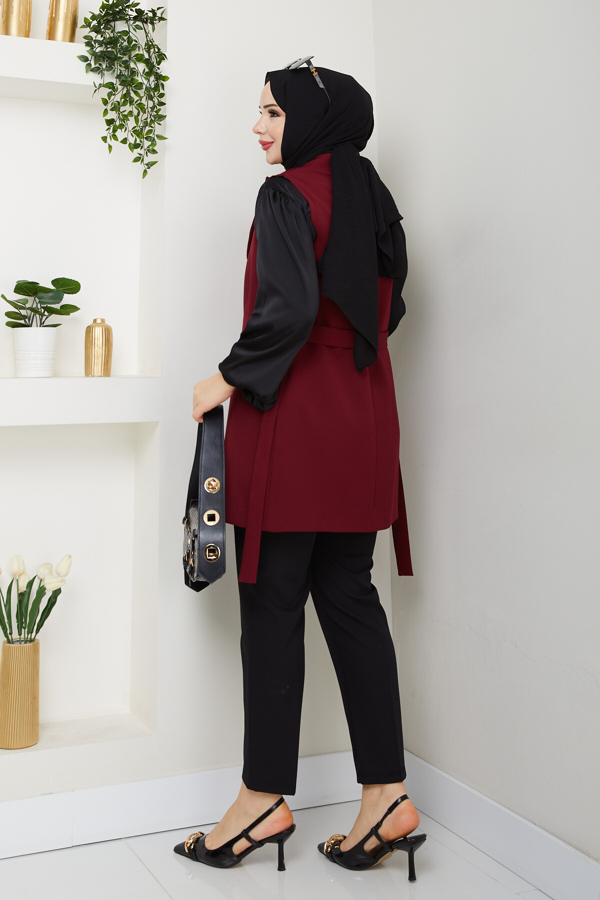 KEMERLİ DUBLE YELEK - BORDO