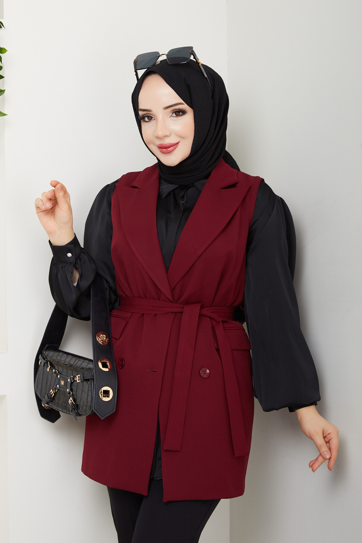 KEMERLİ DUBLE YELEK - BORDO