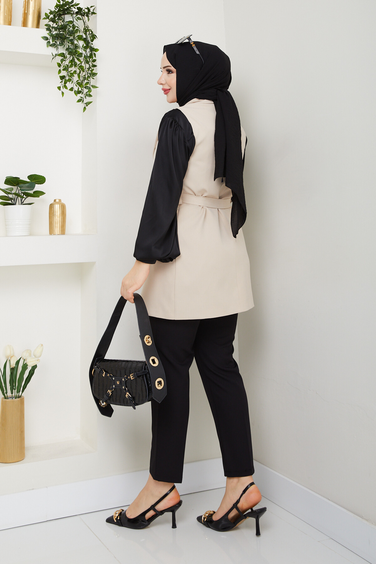 KEMERLİ DUBLE YELEK - KREM