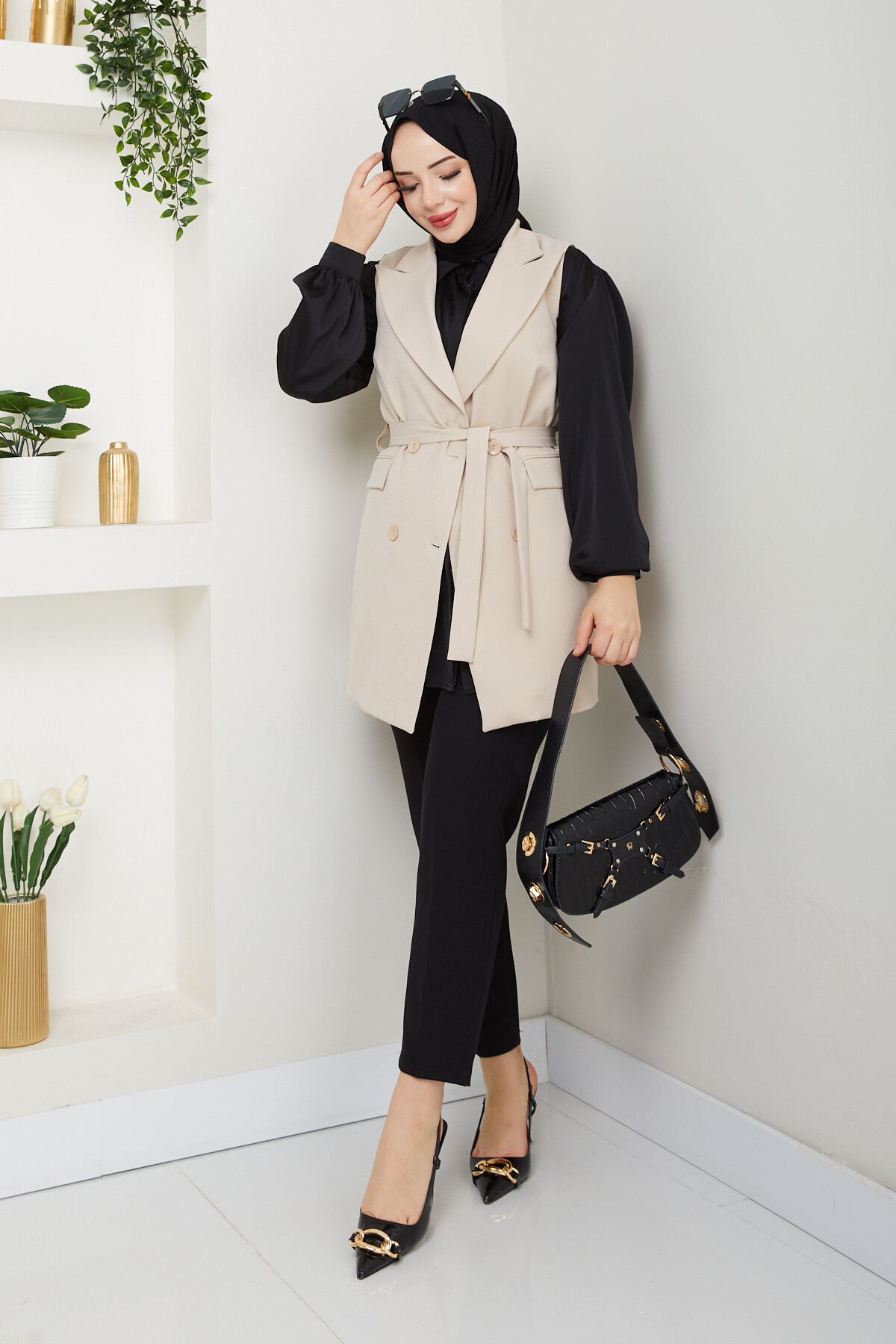 KEMERLİ DUBLE YELEK - KREM