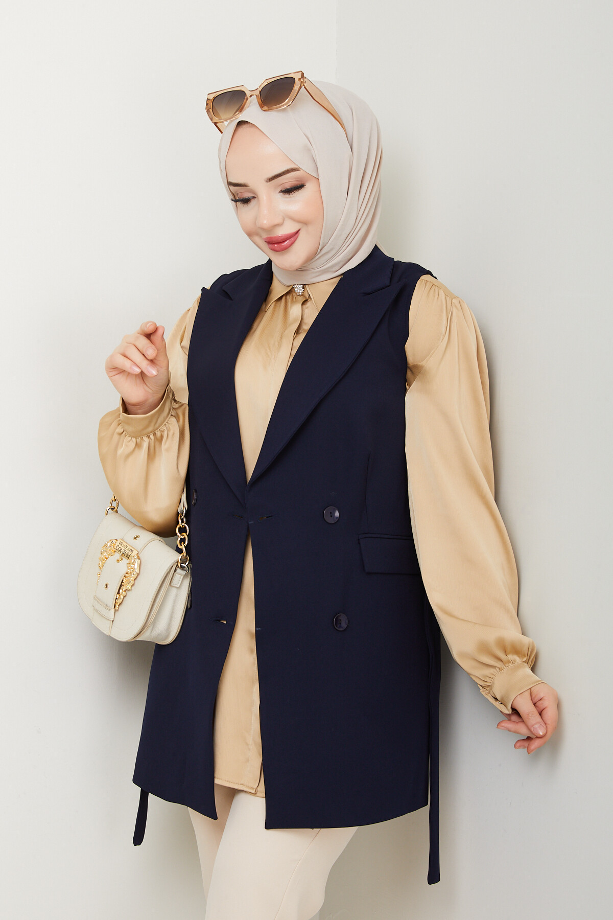 KEMERLİ DUBLE YELEK - LACİVERT