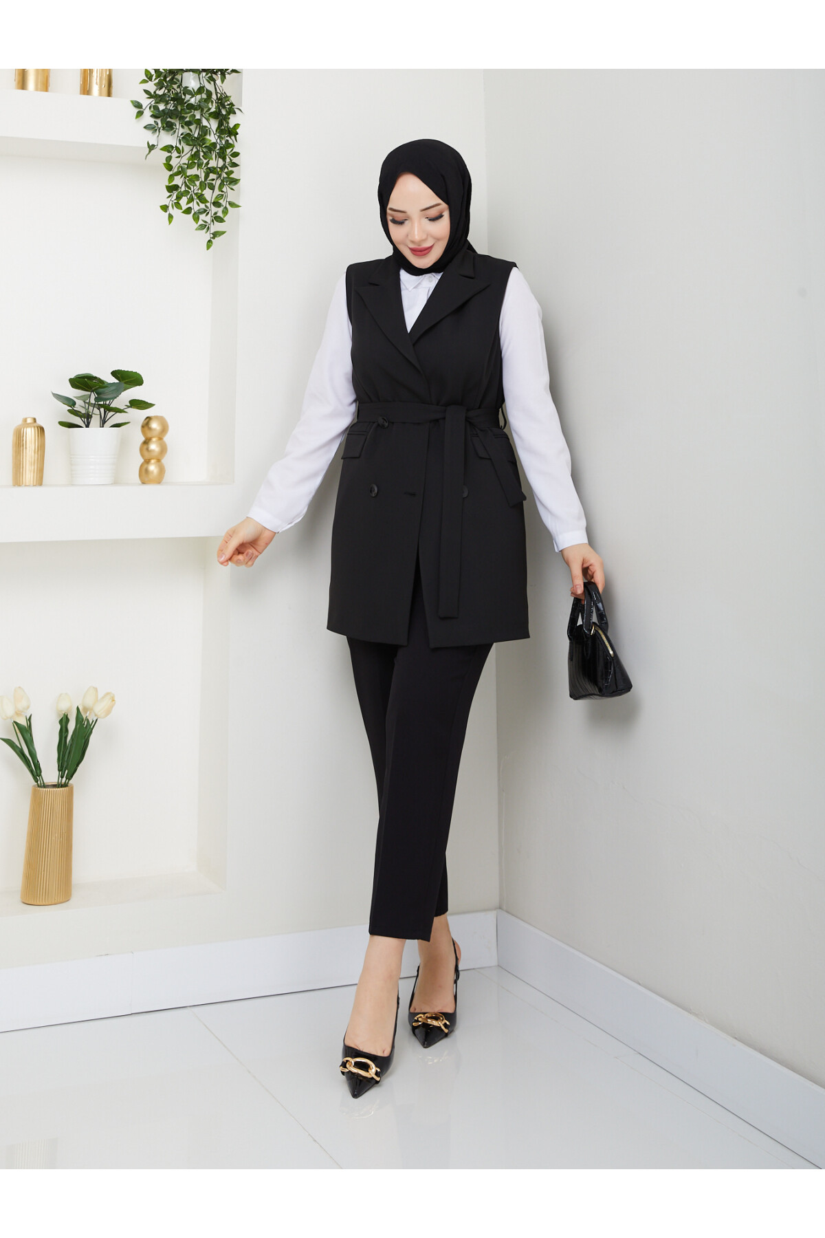 KEMERLİ DUBLE YELEK - SİYAH