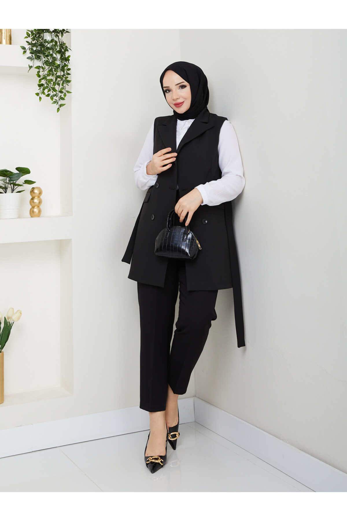 KEMERLİ DUBLE YELEK - SİYAH