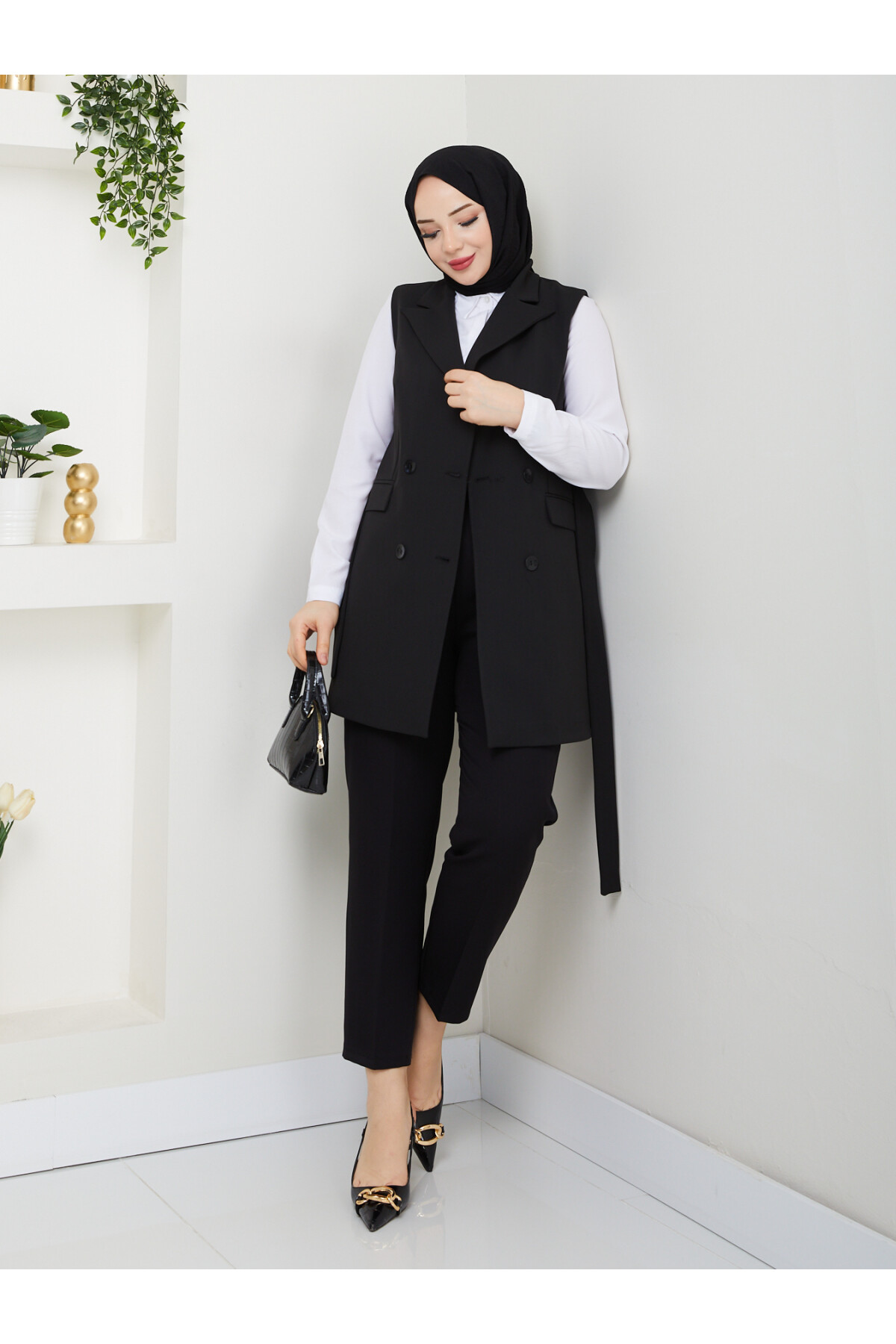 KEMERLİ DUBLE YELEK - SİYAH