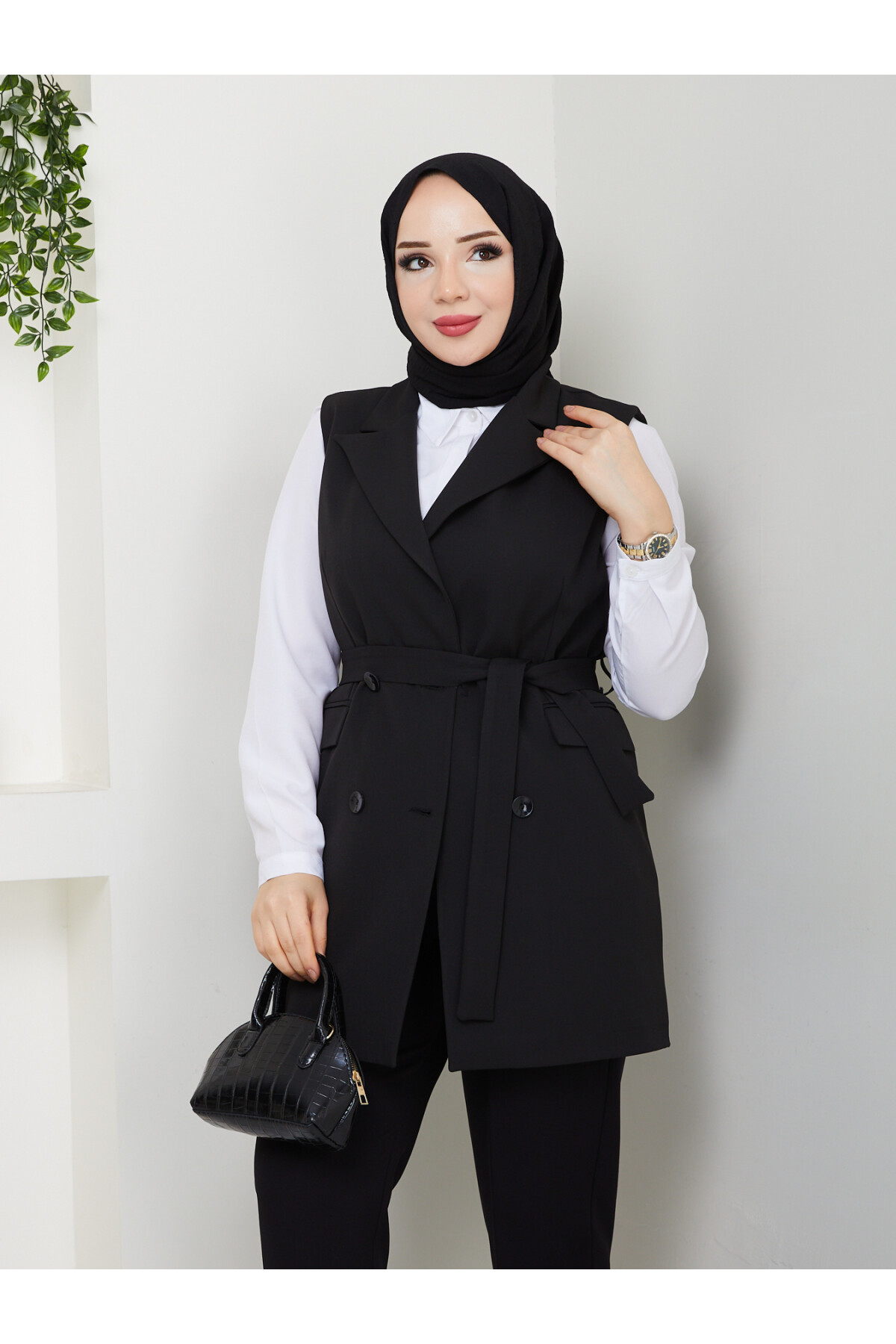 KEMERLİ DUBLE YELEK - SİYAH