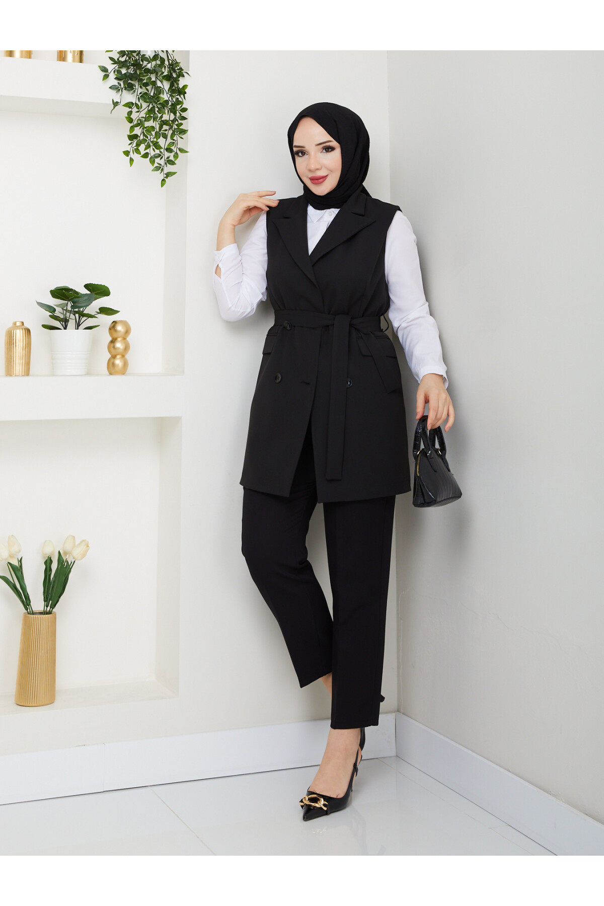 KEMERLİ DUBLE YELEK - SİYAH