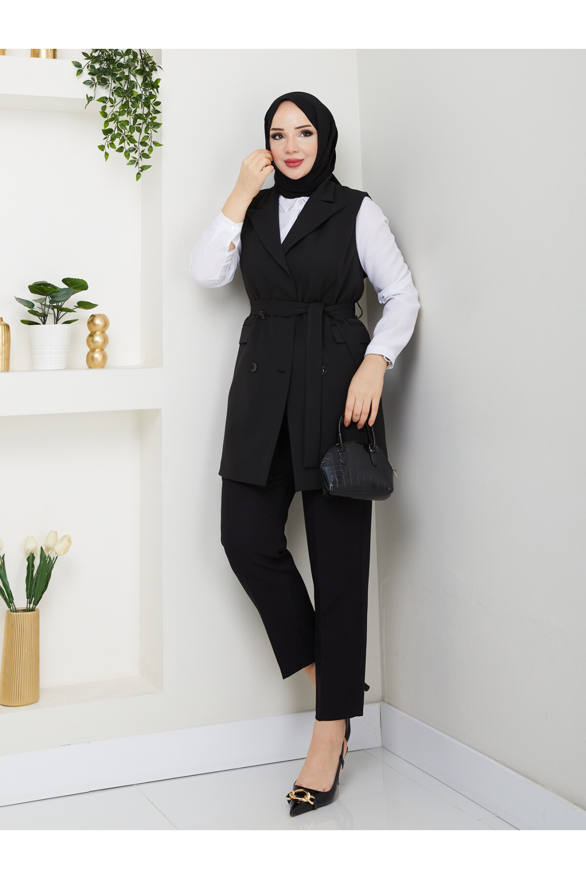 KEMERLİ DUBLE YELEK - SİYAH