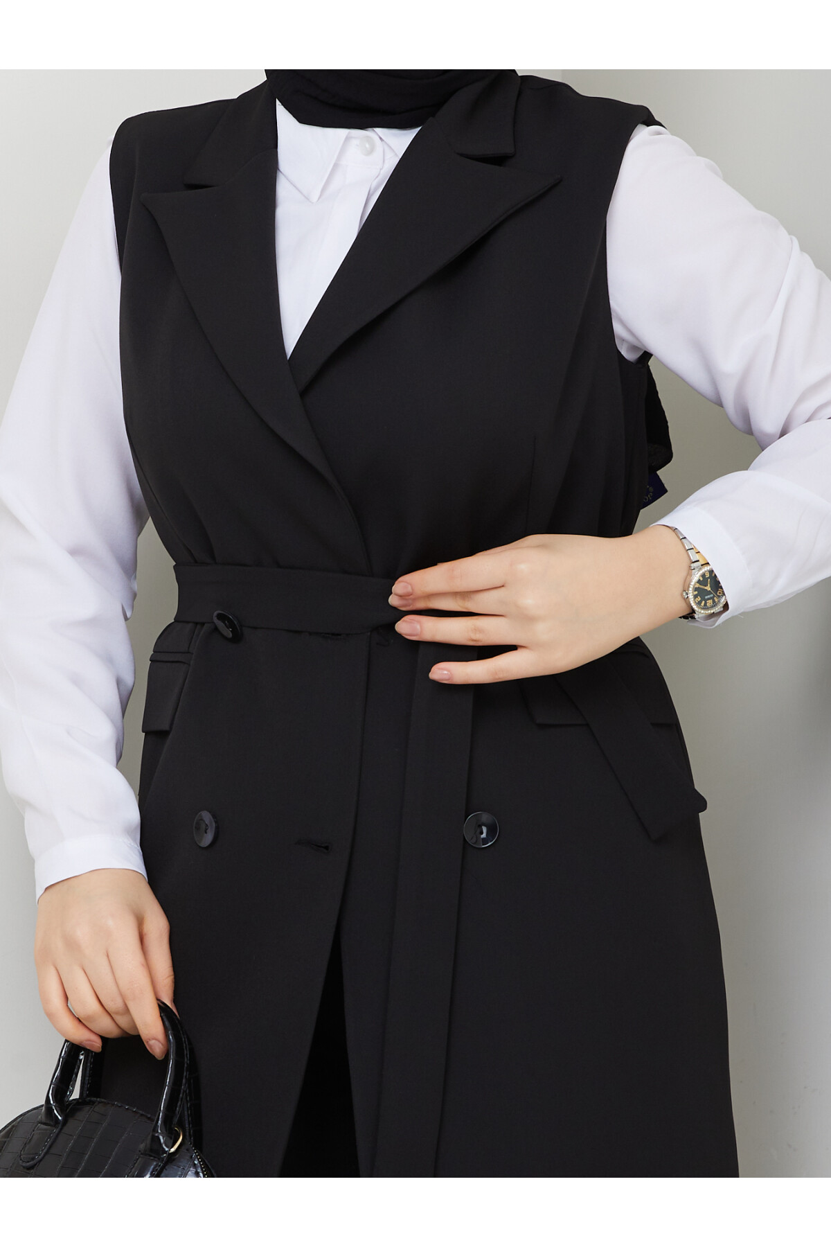 KEMERLİ DUBLE YELEK - SİYAH