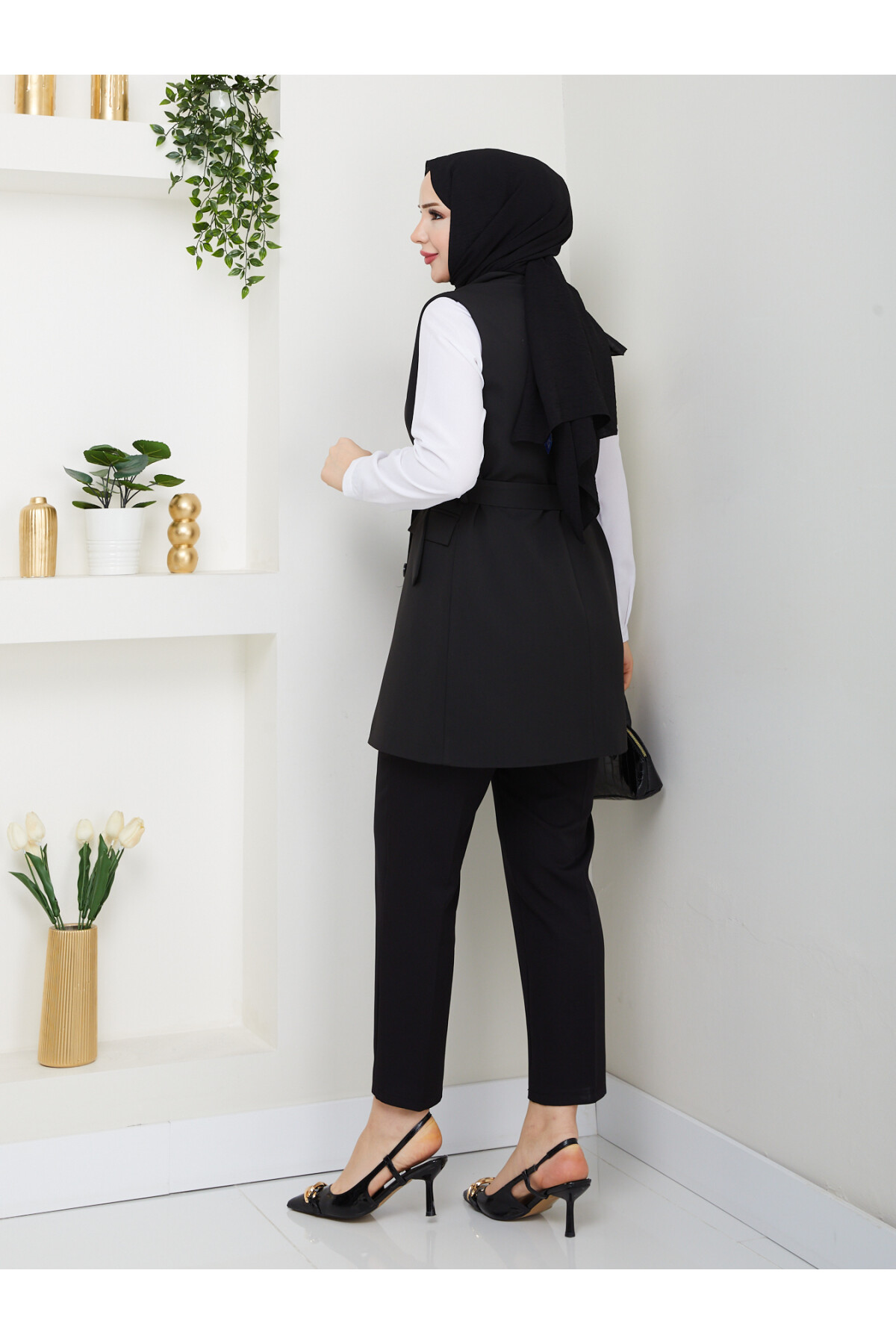 KEMERLİ DUBLE YELEK - SİYAH