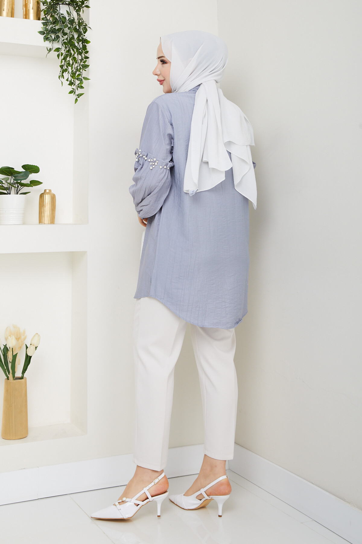 KOL İNCİ DETAYLI GÖMLEK-GRİ