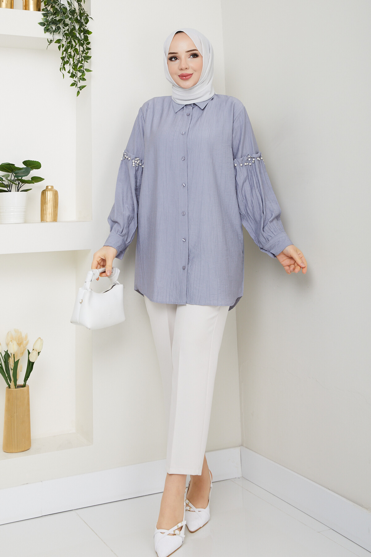 KOL İNCİ DETAYLI GÖMLEK-GRİ