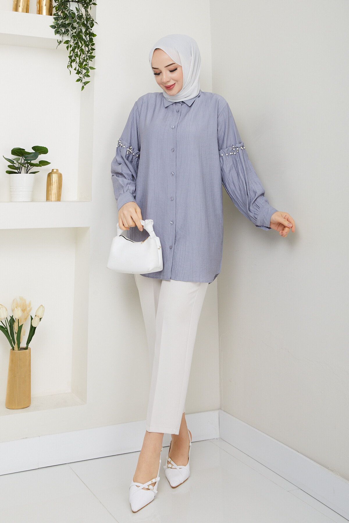 KOL İNCİ DETAYLI GÖMLEK-GRİ