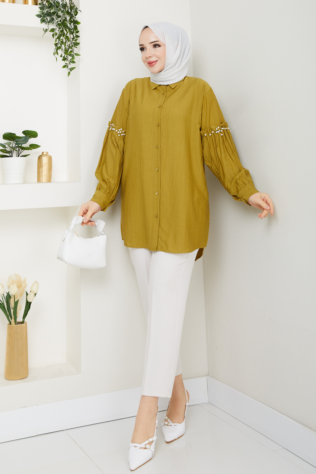 KOL İNCİ DETAYLI GÖMLEK-YAĞ YEŞİLİ