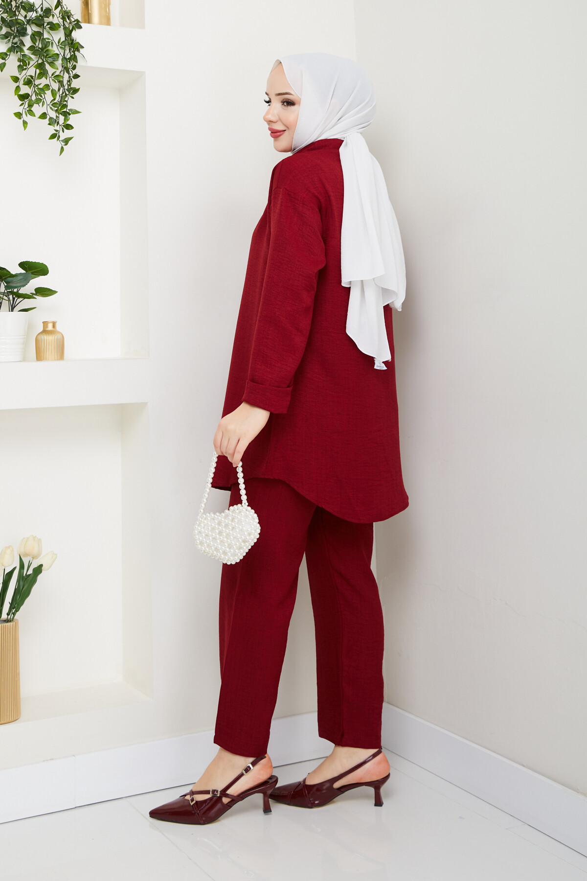 KOLYELİ KETEN TAKIM-BORDO