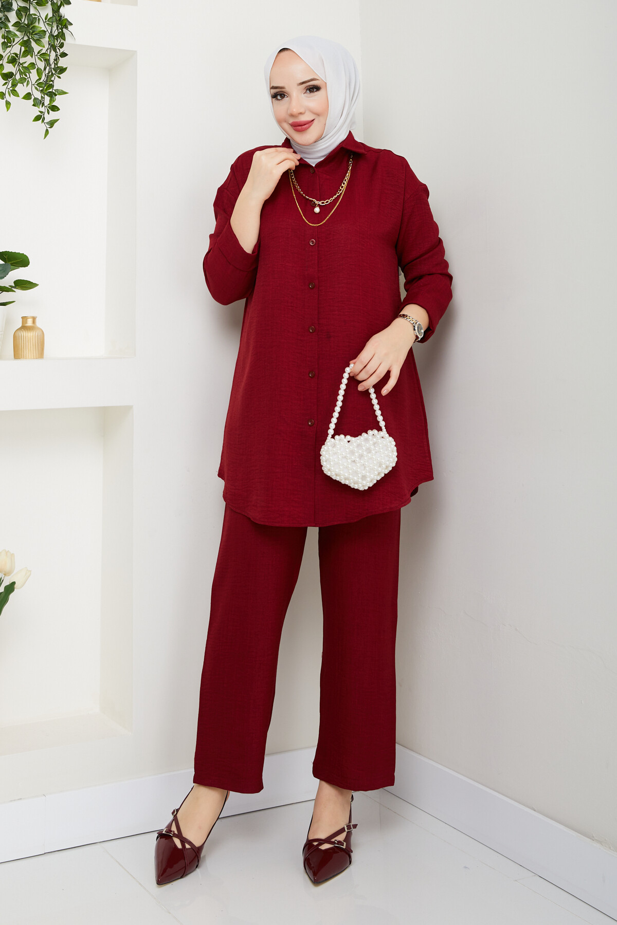 KOLYELİ KETEN TAKIM-BORDO