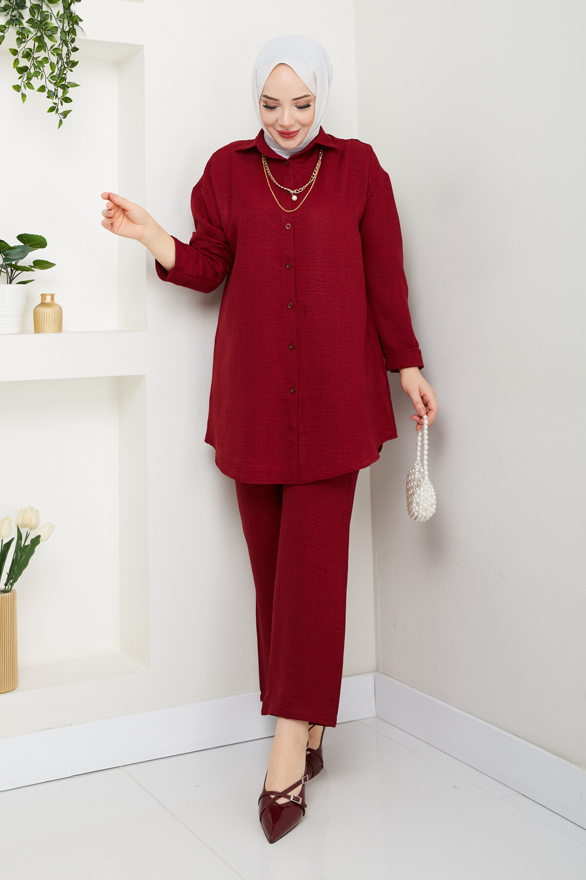 KOLYELİ KETEN TAKIM-BORDO