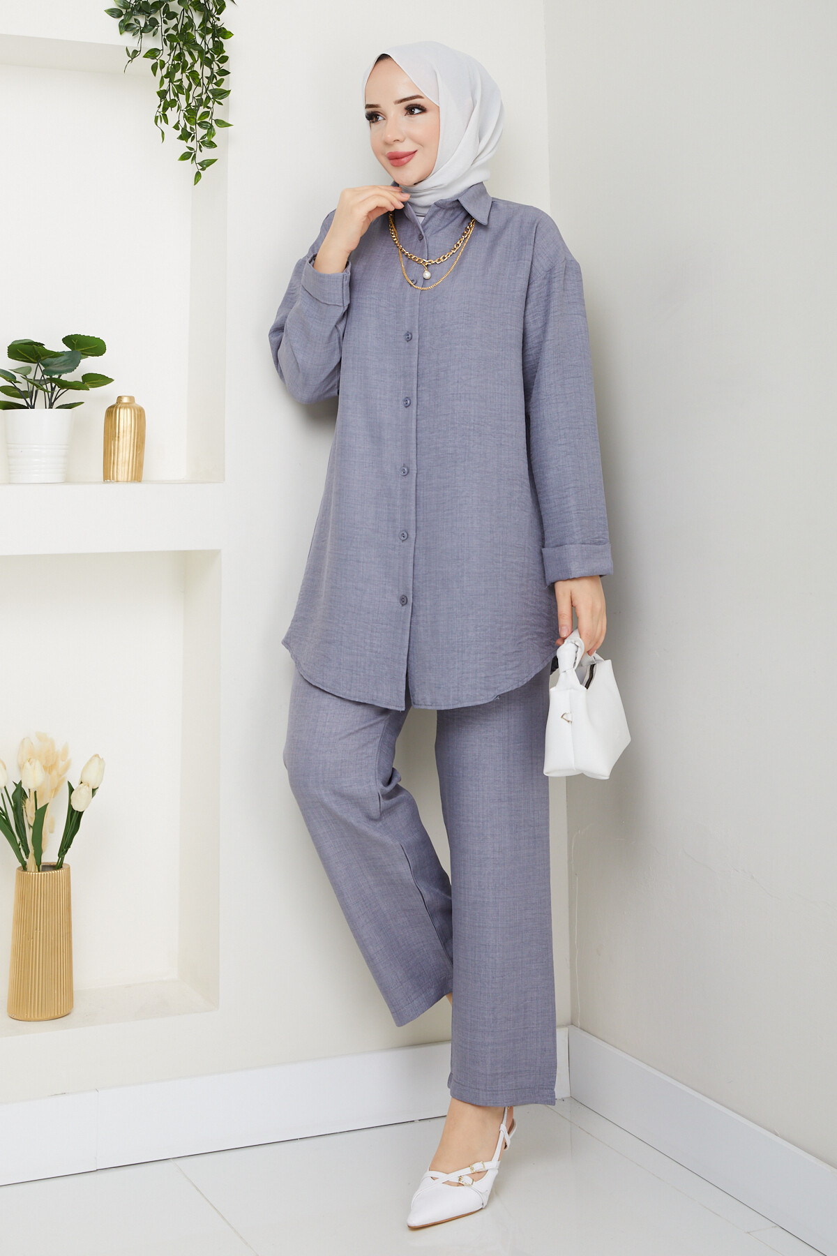 KOLYELİ KETEN TAKIM-GRİ