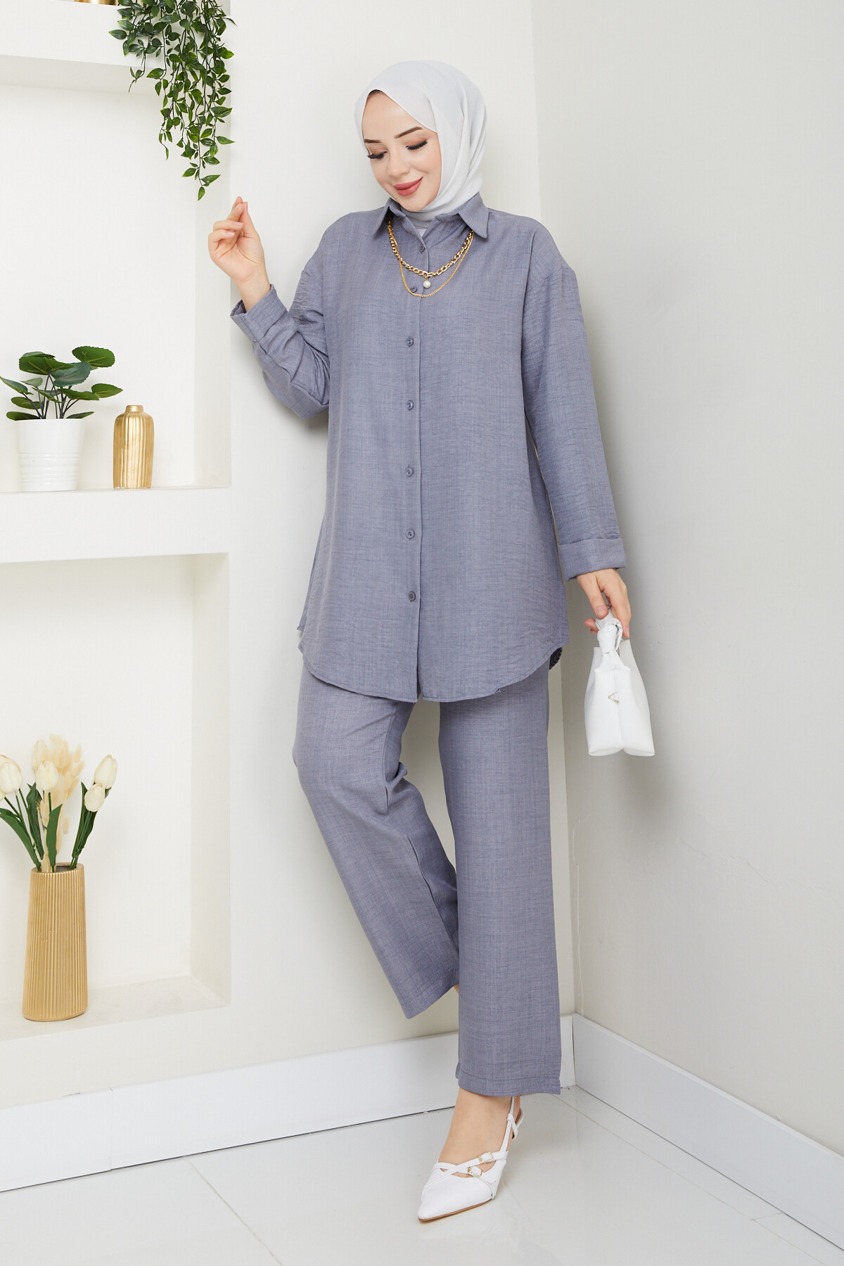 KOLYELİ KETEN TAKIM-GRİ