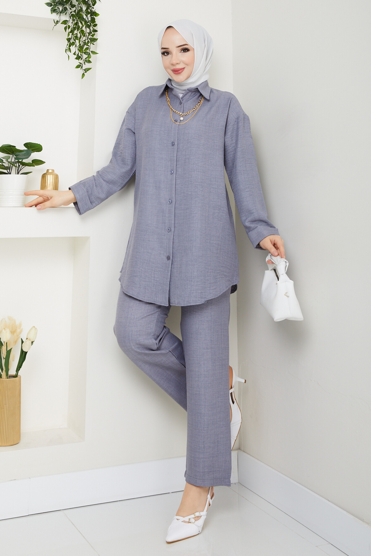 KOLYELİ KETEN TAKIM-GRİ