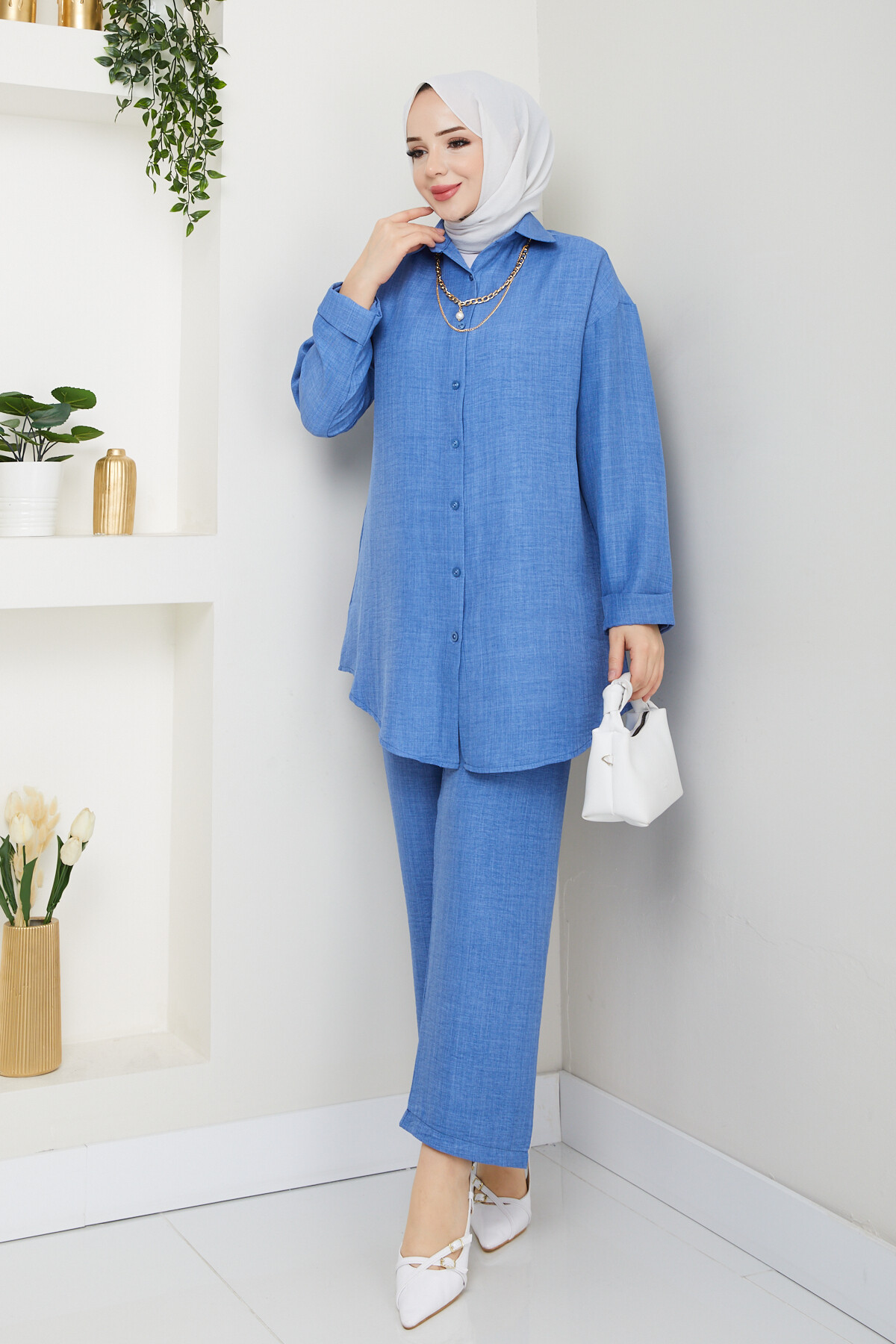 KOLYELİ KETEN TAKIM-MAVİ