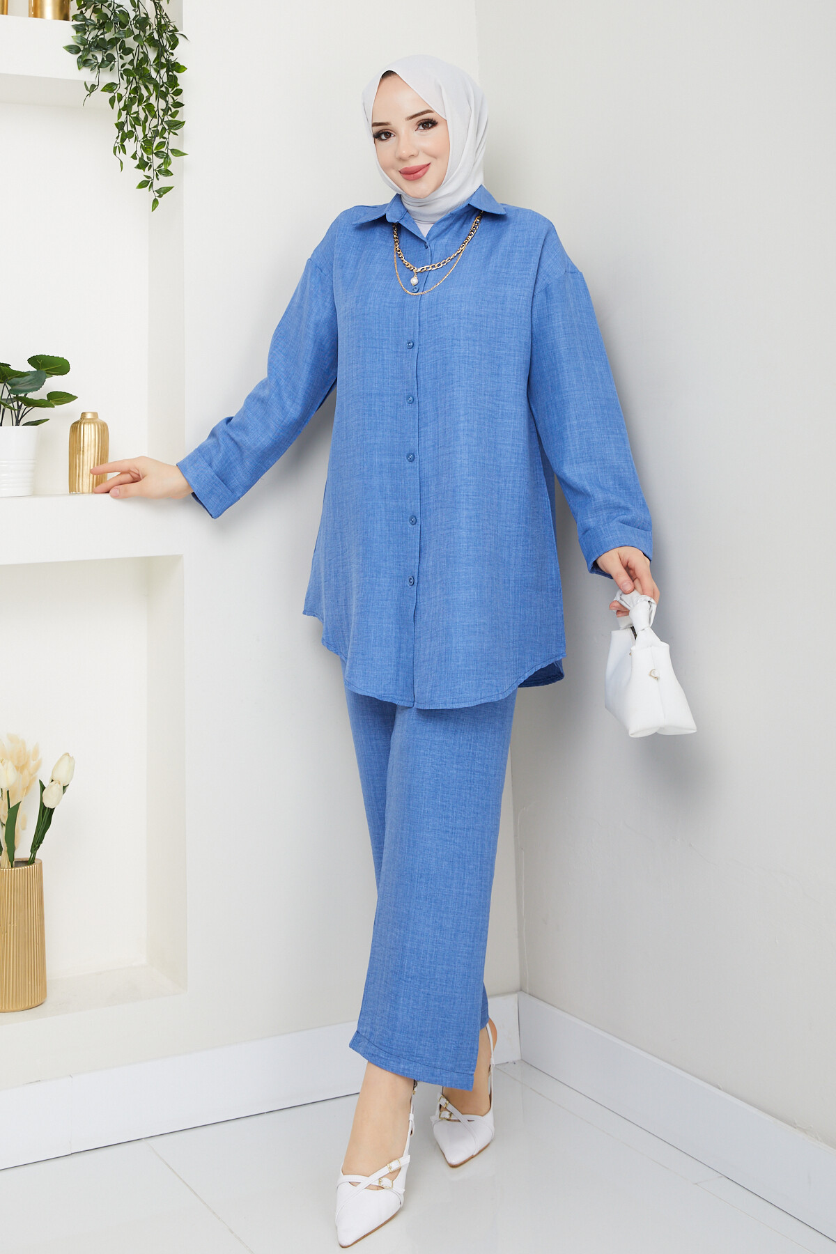 KOLYELİ KETEN TAKIM-MAVİ