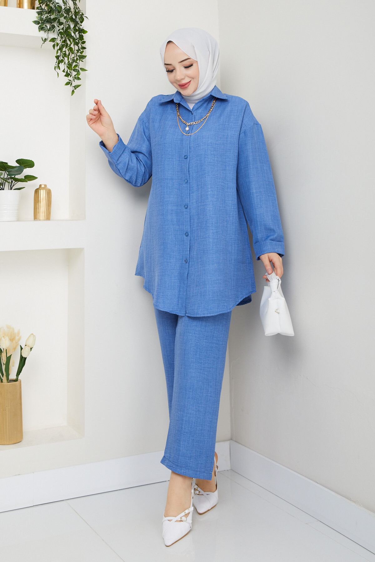 KOLYELİ KETEN TAKIM-MAVİ