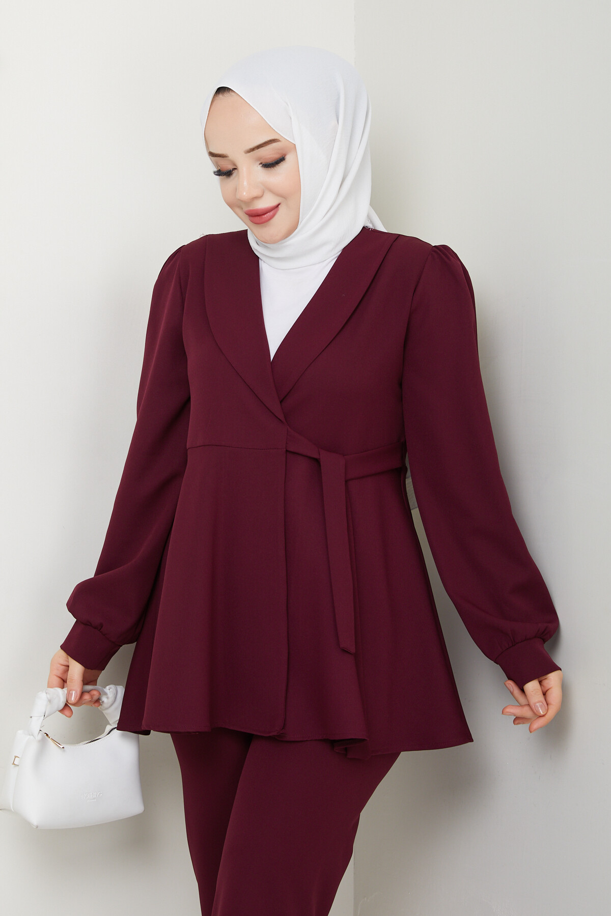 KUŞAK DETAY CEKETLİ TAKIM - BORDO