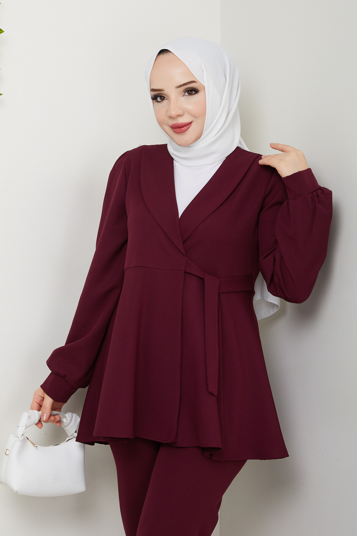 KUŞAK DETAY CEKETLİ TAKIM - BORDO